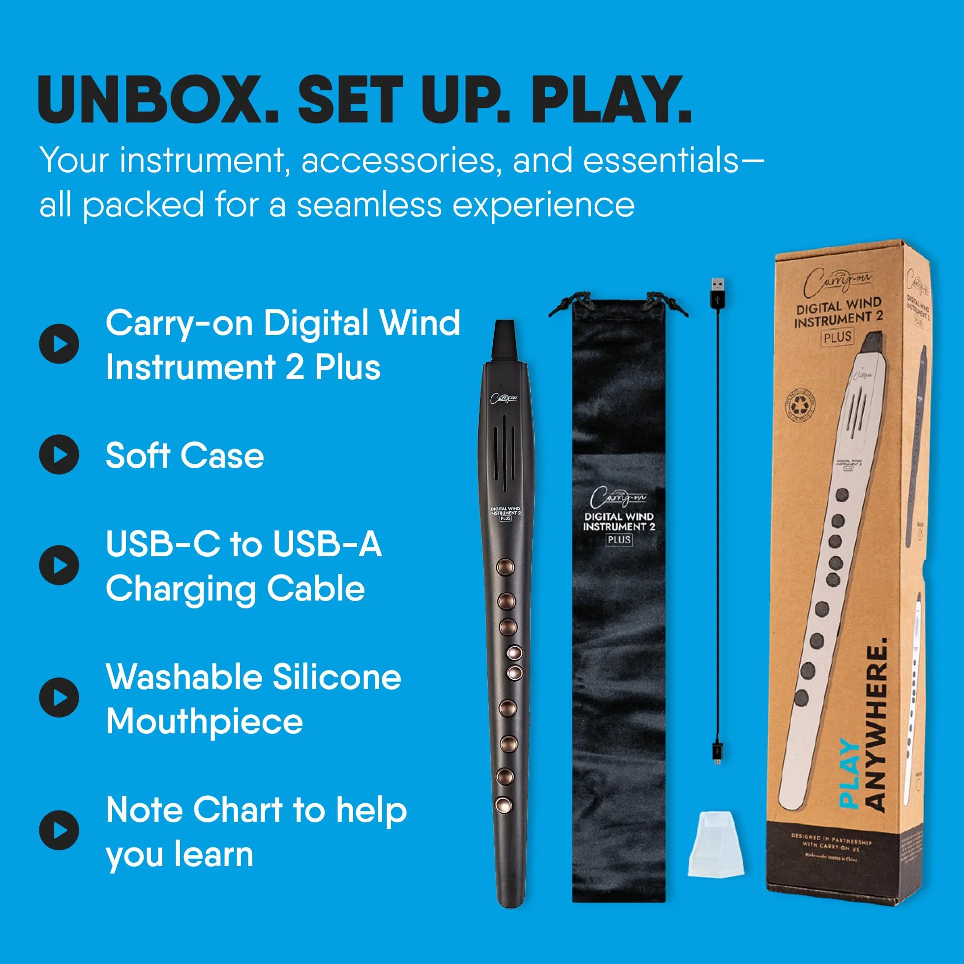 Carry-on Instrumento de viento digital 2 Plus - 20 voces, batería recargable USB integrada, salida de auriculares para práctica silenciosa, grabadora digital midi a través de Bluetooth, color negro