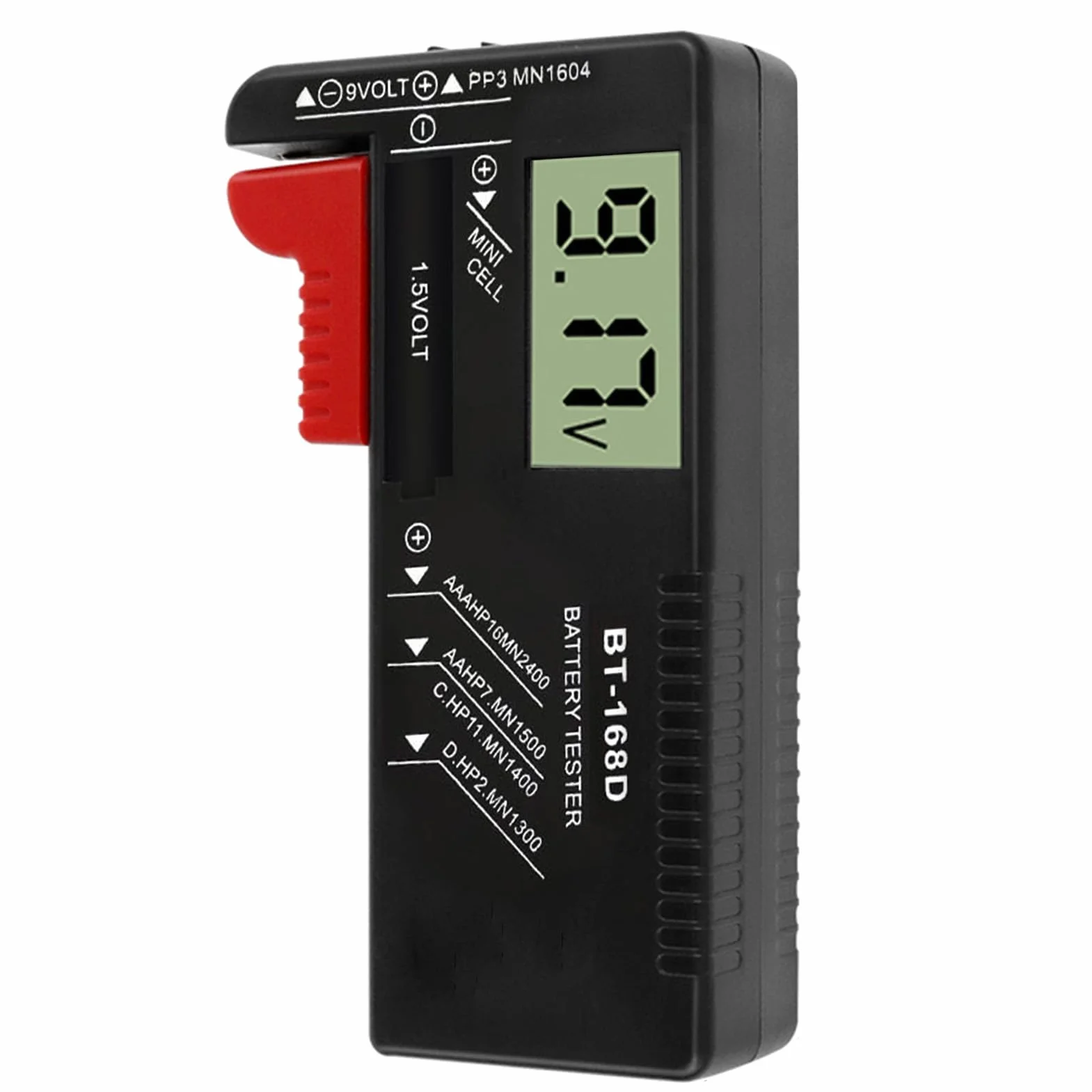Comprobador de Pilas y Baterías Universal Digital BT-168D para Pantalla LCD, Medidor de Carga Pilas AA AAA C D 9V 1,5V y Pilas de Botón, Battery Tester Compacto y Portátil para Uso Doméstico