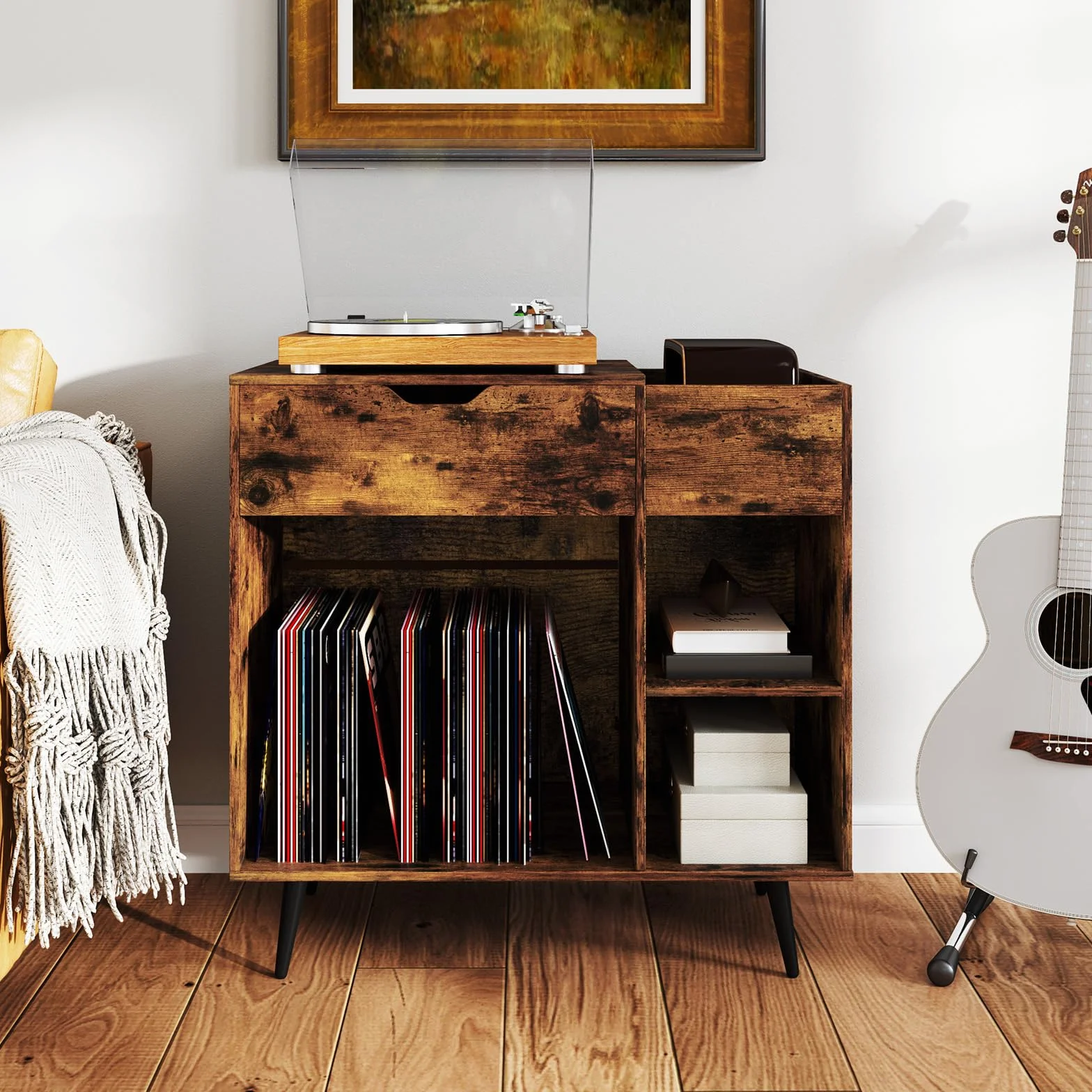 KOMFOTTEU Soporte para Tocadiscos con Estación de Carga, Mesa Auxiliar con 4 Compartimentos Abiertos y Cajón, Mueble para Tocadiscos con Carga 80 kg, Estantería de Discos de Vinilo, 80 x 40 x 79 cm
