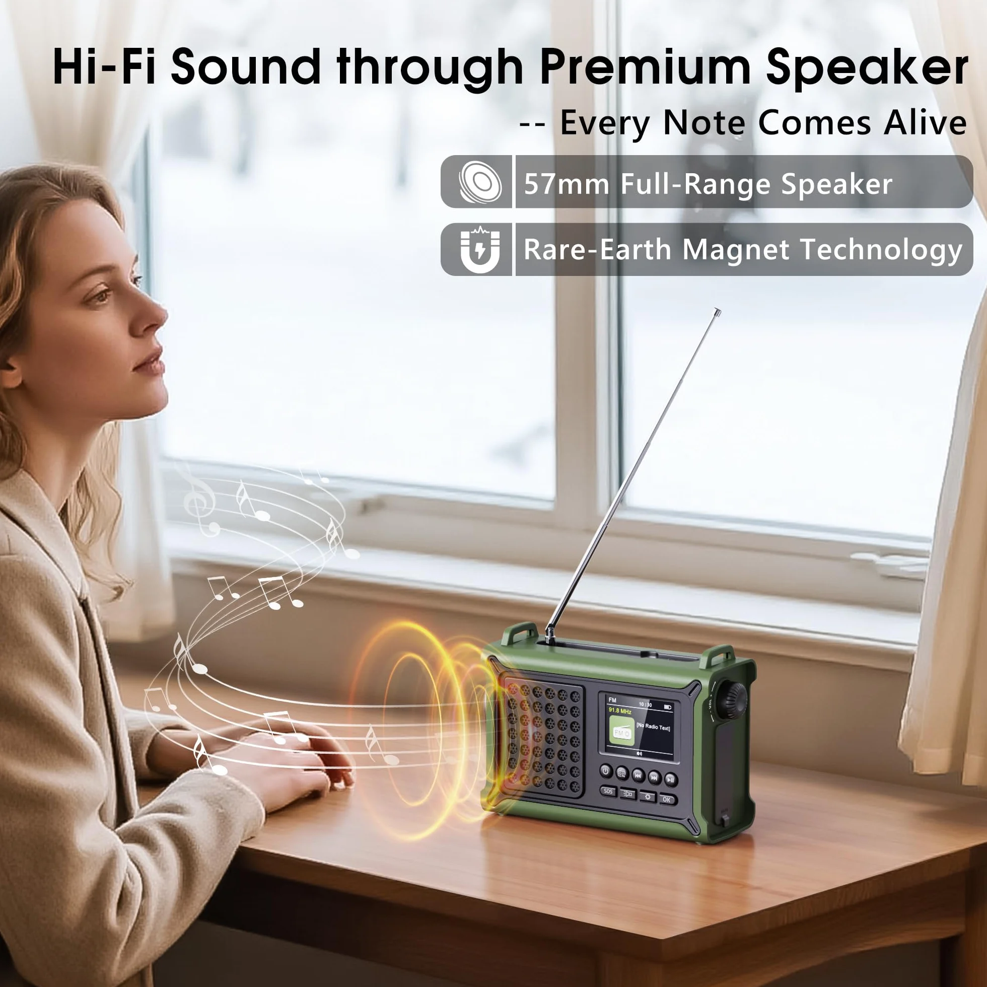 Radio Portátil Dab+/Dab/FM, Radio Solar con Manivela con Batería Recargable de 12000 mAh, Radio con 80 Emisoras Presintonizadas, Pantalla LED TFT de 2,4", Alarma SOS para Senderismoa, Camping