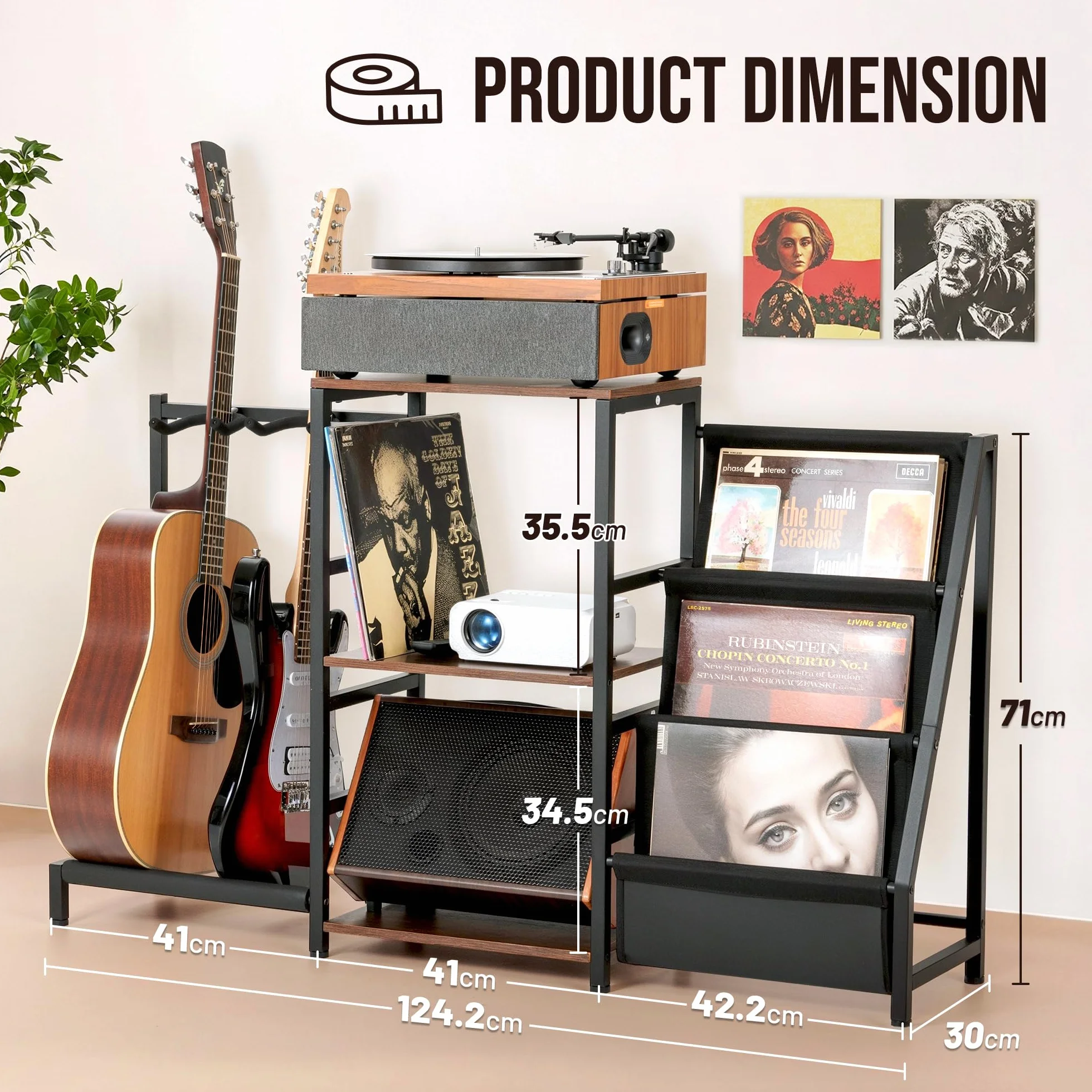 CAHAYA Soporte 4 en 1 para Guitarra Discos – Estantería para 200 LPs con soporte para 2 guitarras – Almacenamiento para Tocadiscos, Guitarra Acústica, Eléctrica Bajo