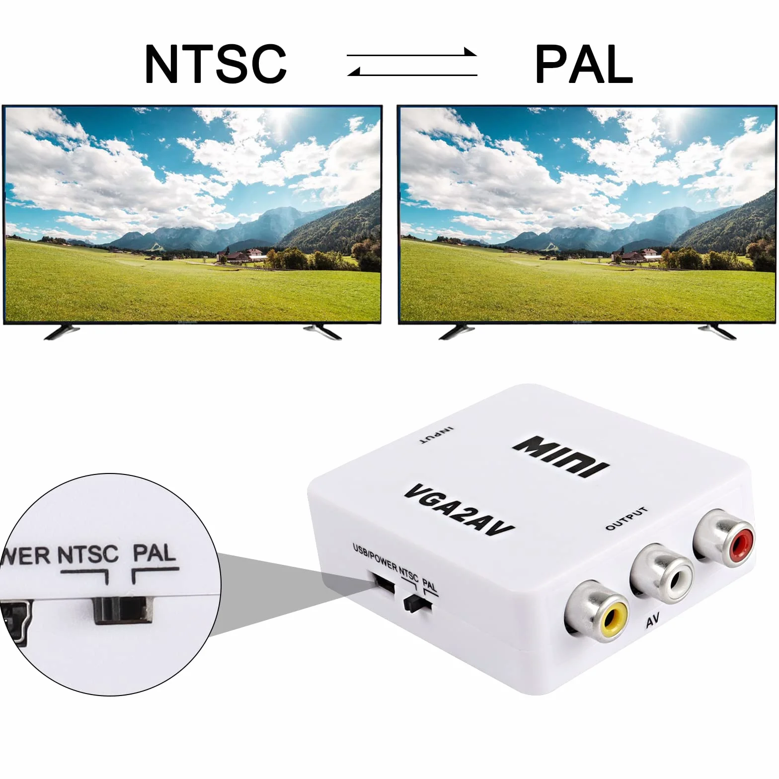 XMSJSIY Convertidor AV a VGA la Caja de adaptadores de convertidor Compuesto con Cable de alimentación USB HD 1080p convertidor de Audio y Video PC a TV Set Top Box