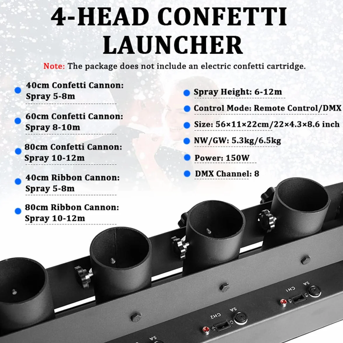 Máquina lanzadora de confeti profesional, DMX512 y máquina de chorro de confeti con control remoto, máquina de confeti de 4 cabezales para bodas, fiestas, bares, ceremonias, rotación de 180°