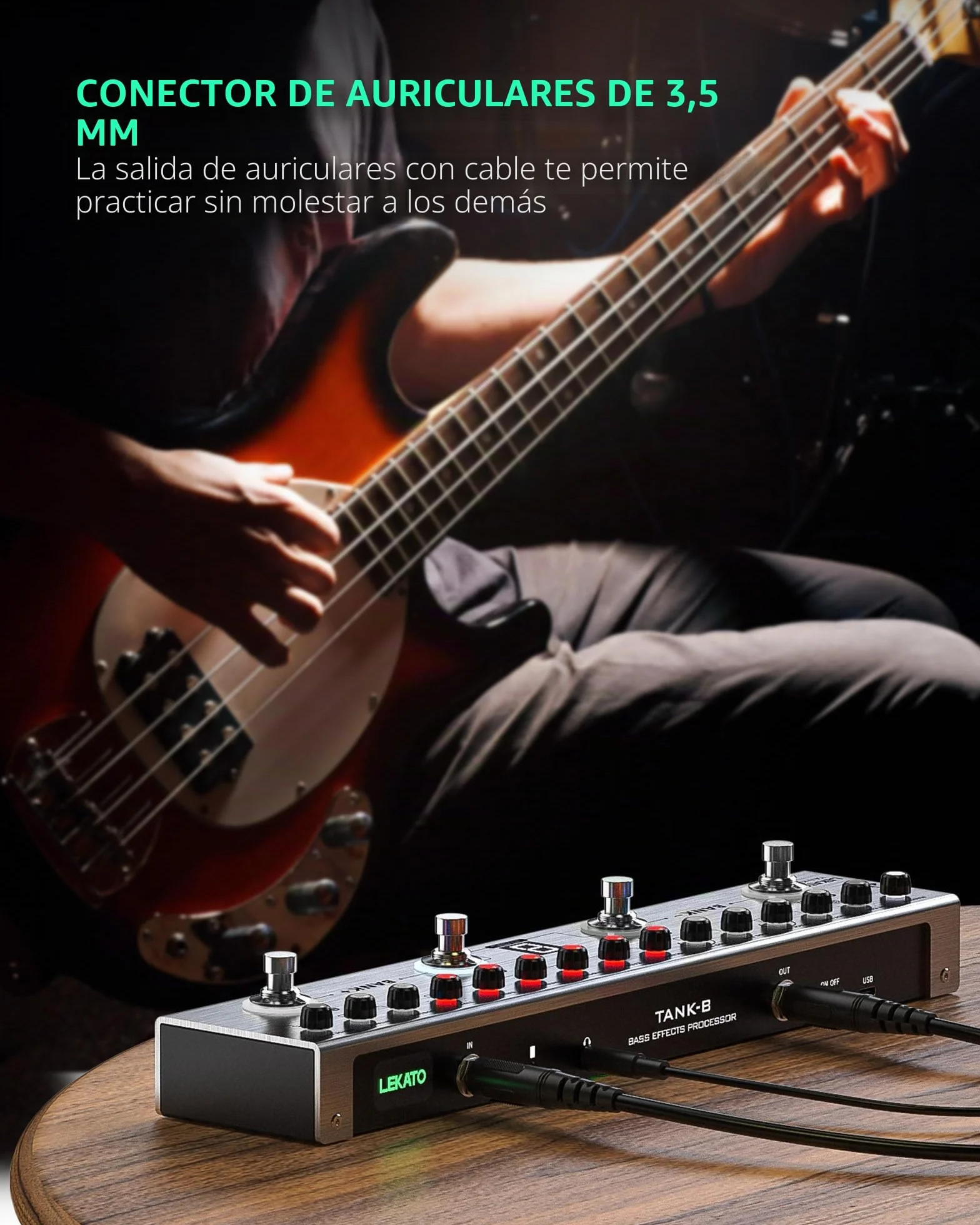 LEKATO Pedal Multi Efectos para Bajo con 36 Presets editables,Compresor,Space,MOD,Reverb,Carga IR,Grabación,Afinador,Batería incorporada,Conexión BT (Bajo)
