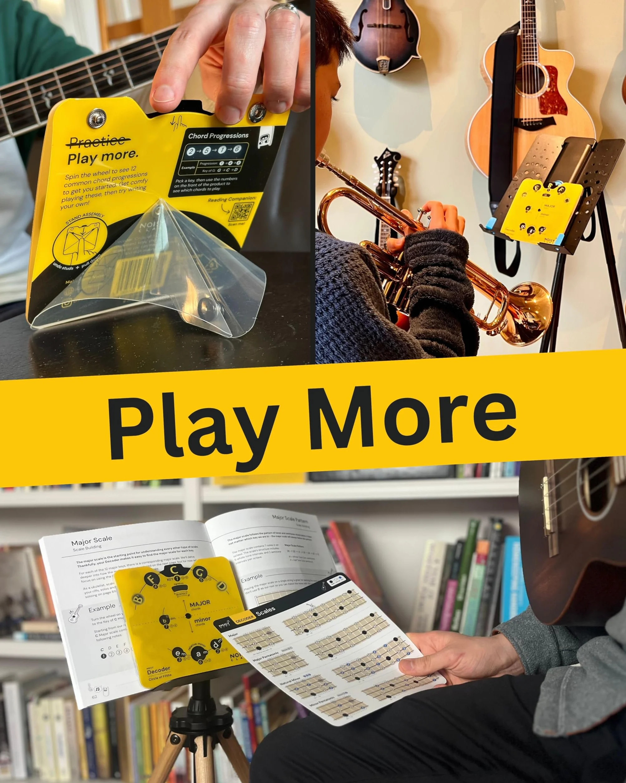 Noisy Clan - Círculo de Quintas + Libro de Teoría Musical en Español - Herramienta Pro con Rueda de Acordes y Soporte Origami - Para Guitarristas, Estudiantes y Compositores