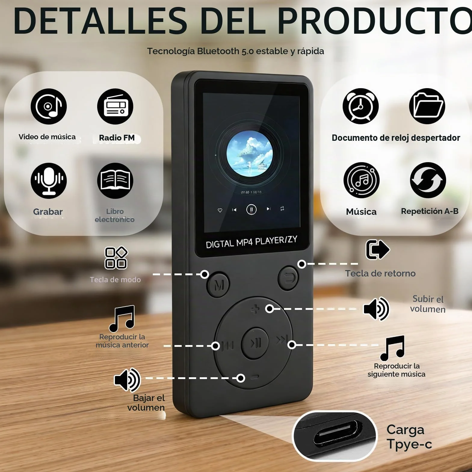 Reproductor MP3 Bluetooth 5.0 32GB con Altavoz, Pantalla 1.8", Radio FM, Auriculares Incluidos Negro
