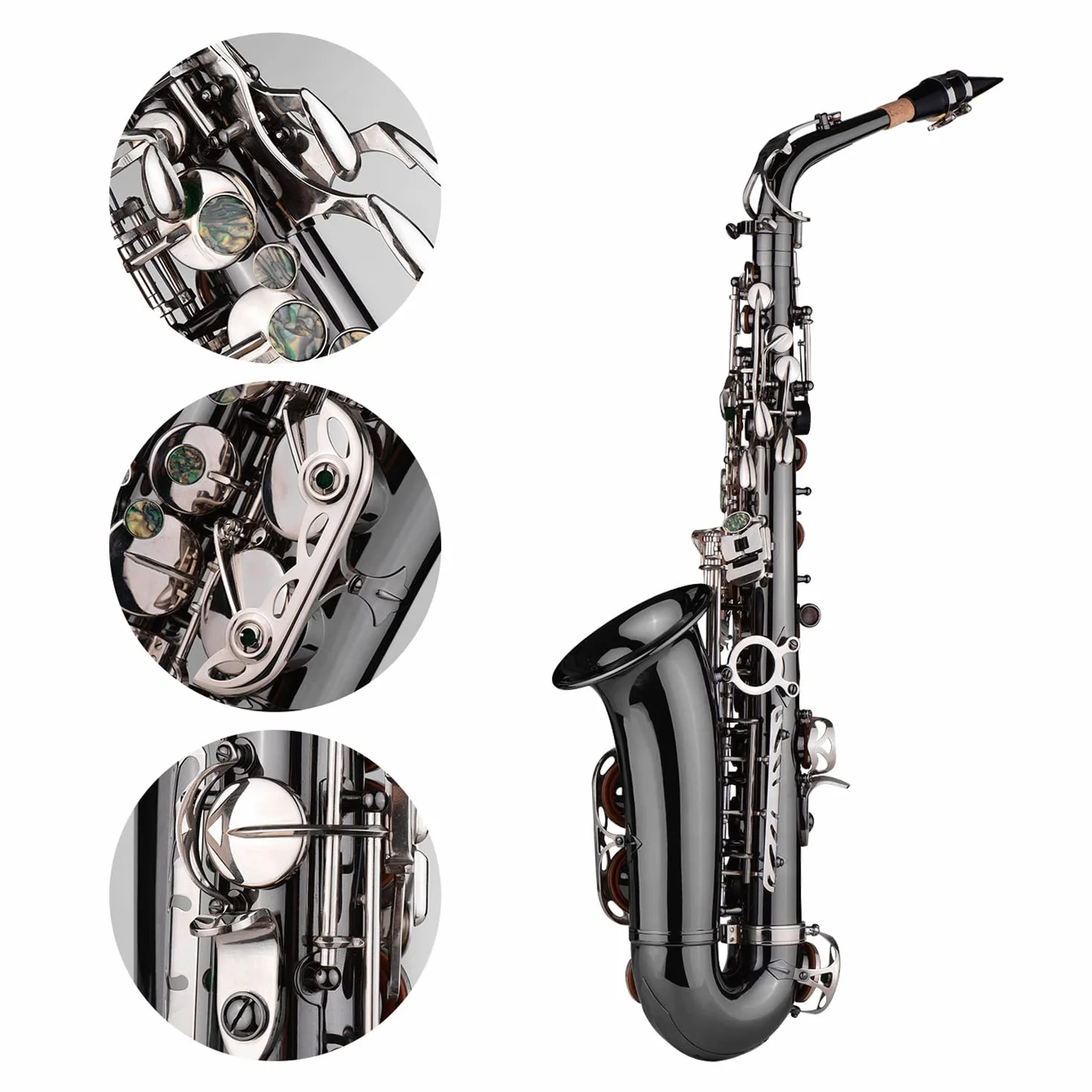 Saxofón alto profesional de latón Bend Eb E-flat Saxofón alto chapado en níquel negro llaves de concha de abulón con funda de transporte guantes paño de limpieza correas cepillo de grasa QUKAN