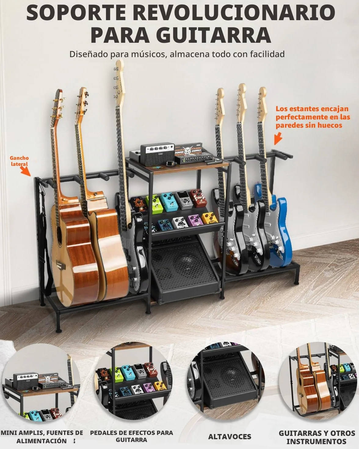 STRICH SMT-40 - Soporte para guitarra con organizador de pedales para guitarra acústica, eléctrica, bajo, accesorios de amplificador, soporte de exhibición de guitarra para estudio en casa, sala de
