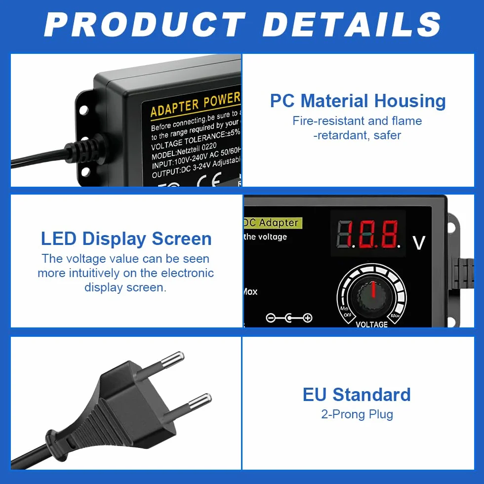 Fuente de Alimentación Universal 3V-24V, Fuente de Alimentacion Regulable 3A 72W, 100-240V AC a DC Adaptador de Corriente Universal con Pantalla Digital y 14 Conectores, Motor CC, 3A Máx