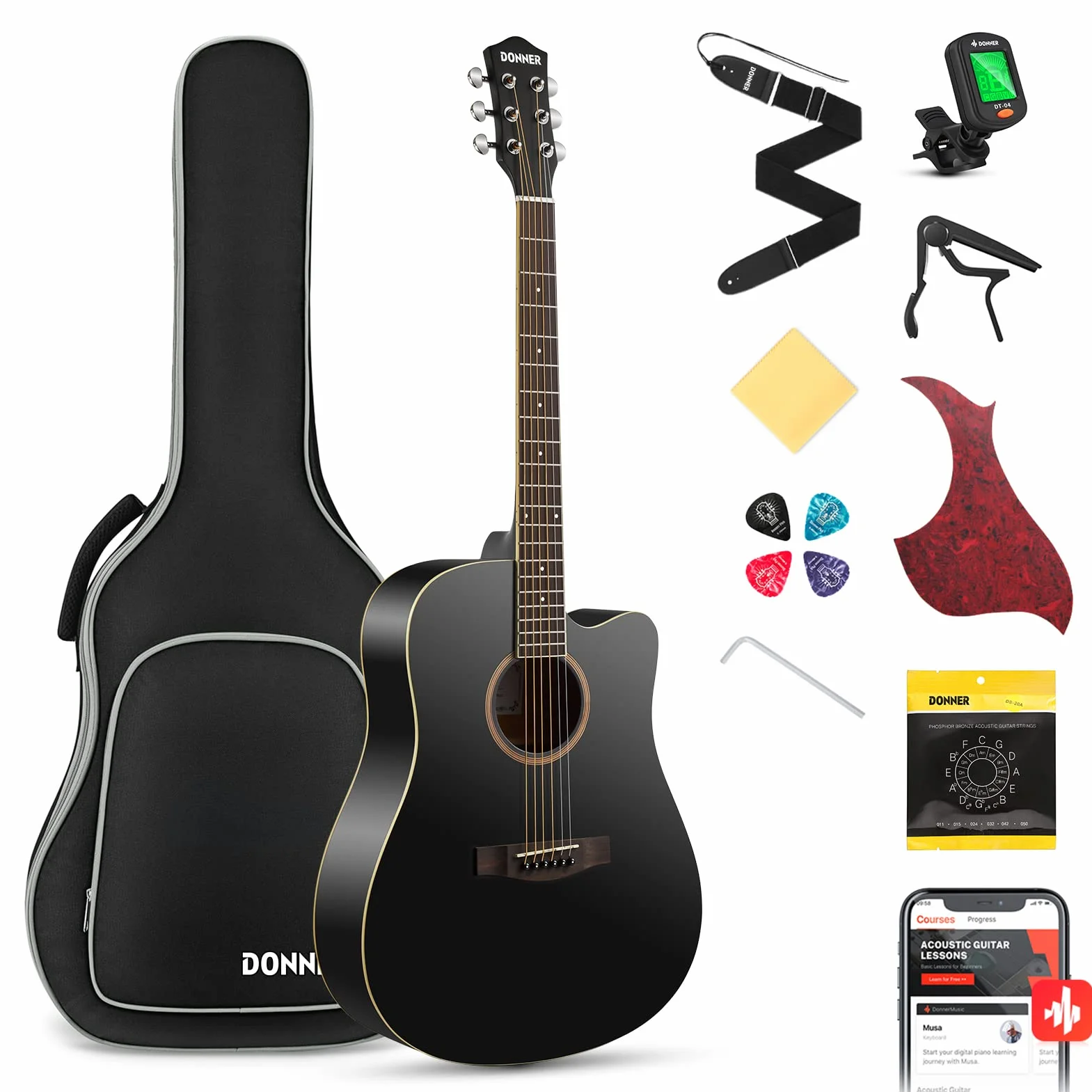Donner Guitarra Acústica de Adulto Guitarra Cutaway 4/4 Kit Dreadnought 41 Pulgadas de Principiante con Cuerde Afinador Cejilla Negra
