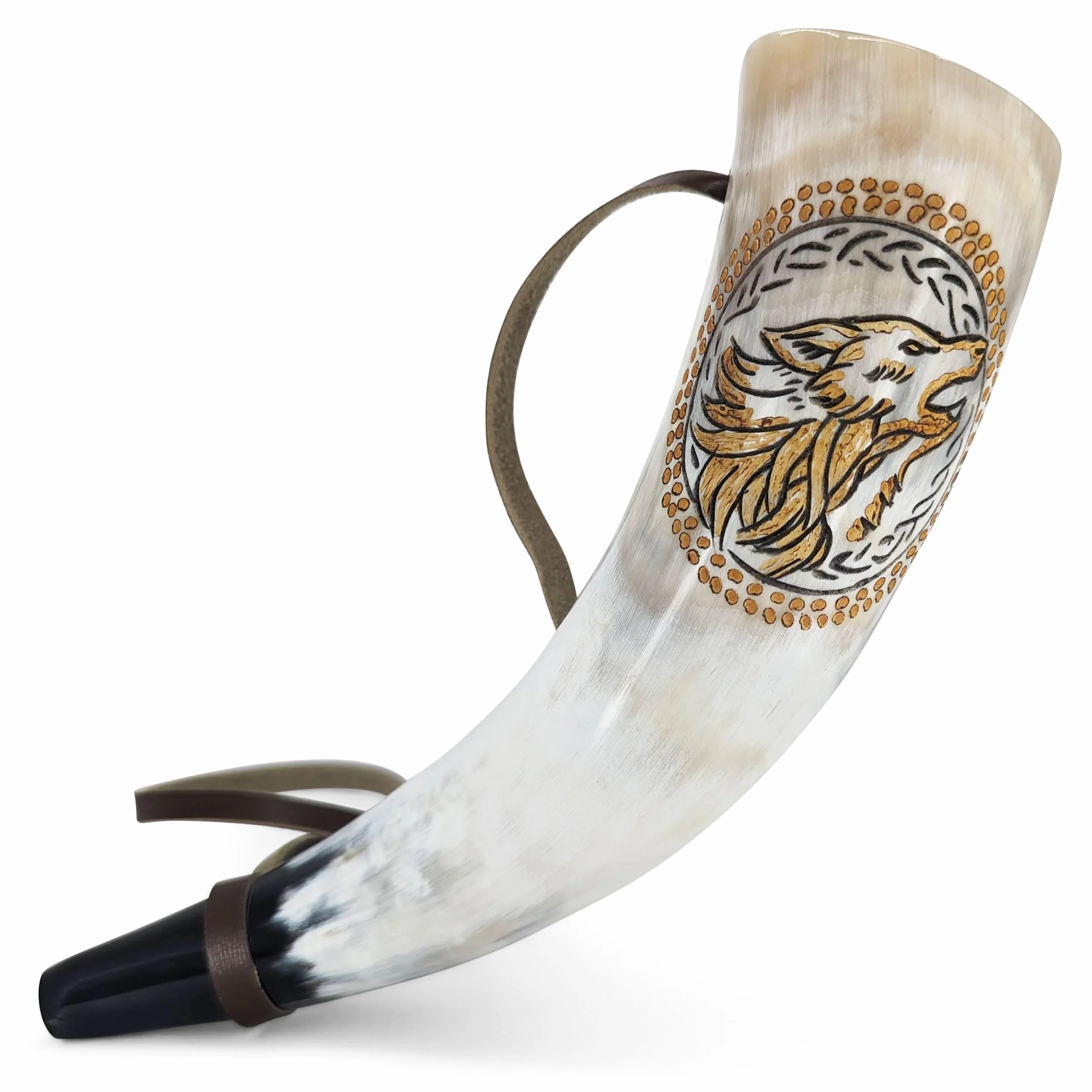 Norse Tradesman Cuerno de guerra vikingo – Trompeta de batalla de cuerno de soplado de 12 pulgadas hecha de auténtico cuerno de buey premium – Grabado a mano con lobos nórdicos – Una pieza de historia