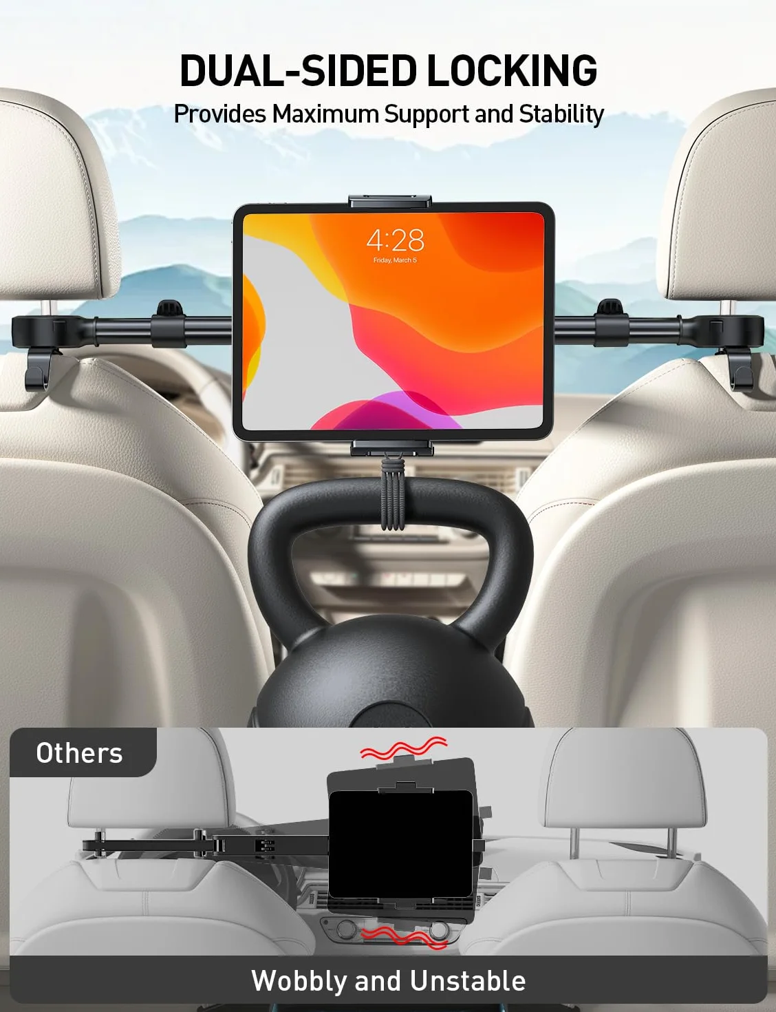 TRYONE Soporte Tablet Coche Reposacabezas [ Abatible Frontal y Trasero] Extensible Porta Accesorios Carro, Sujeta Camper para iPad, Tablet y Monitor/eReader/Switch/Otros 4,7-16.1Pulgadas/con 2 Ganchos