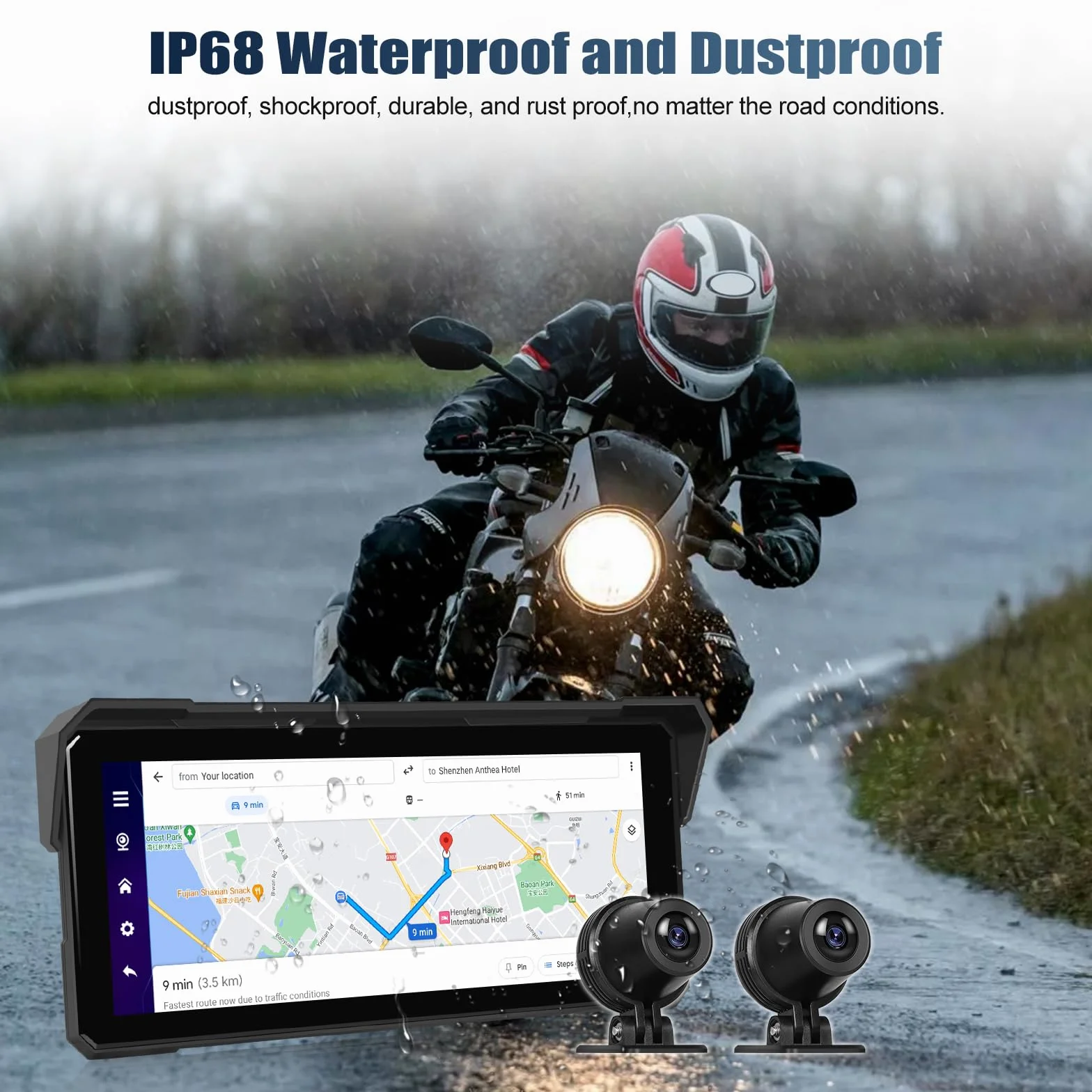 CAMECHO Motorrad CarPlay mit Dual-Kameras, 8.1 zoll HD Touchscreen für Moto mit Wireless CarPlay & Android Auto IPS 68 Bildschirm, Unterstützung Bluetooth, GPS, EQ, Helligkeitseinstellung