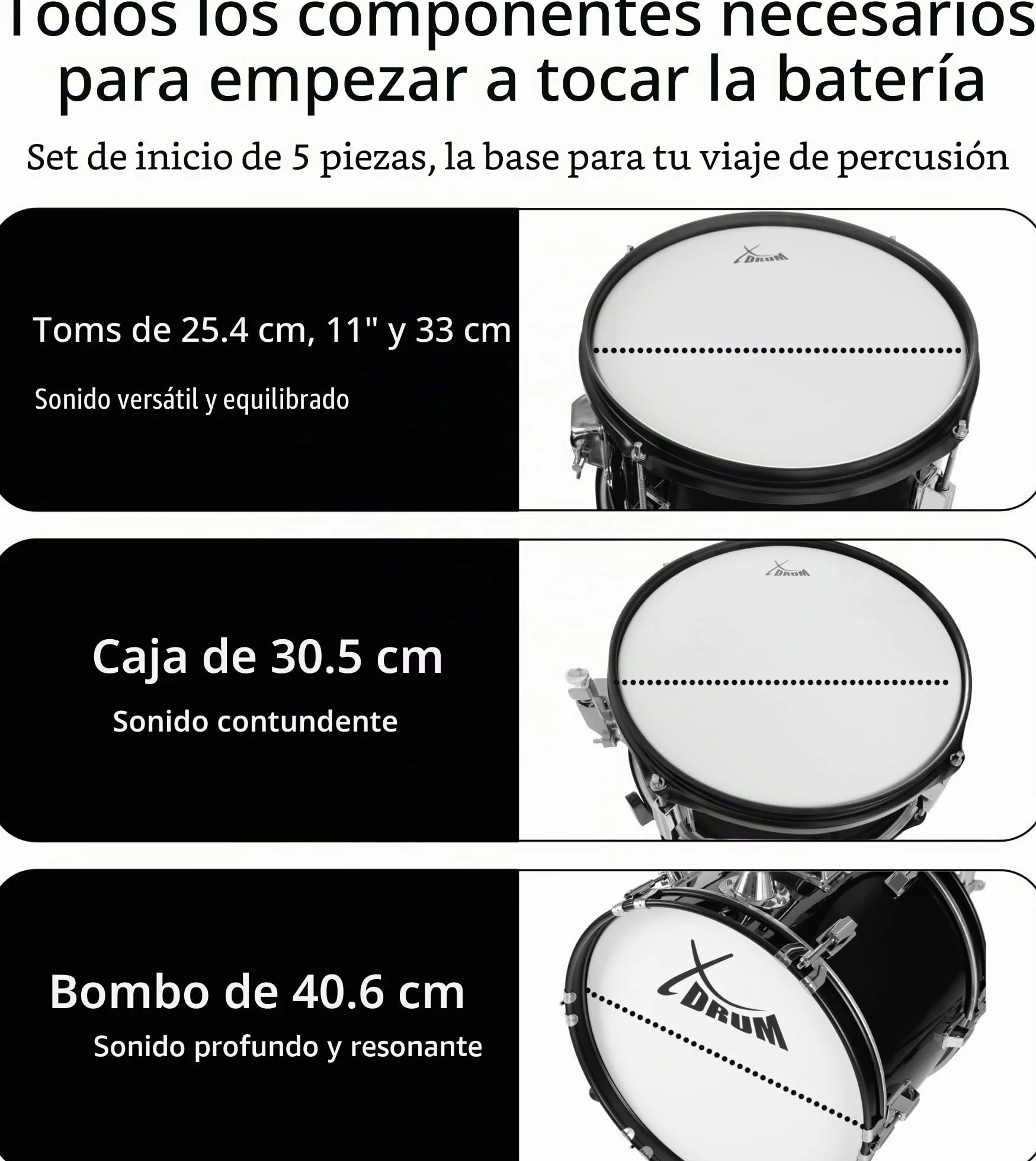 XDrum Junior Pro Batería Infantil Black - adecuada de 5 a 9 años - Set de batería con accesorios completos - incl. escuela - Negro