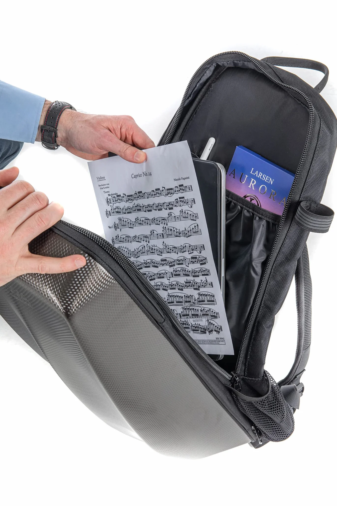 GEWA Space Bag Titanium con estuche para arco - Estuche/mochila para violín de 4/4-3/4 - Tapa exterior de policarbonato - Parte trasera ergonómica - Compartimentos para accesorios