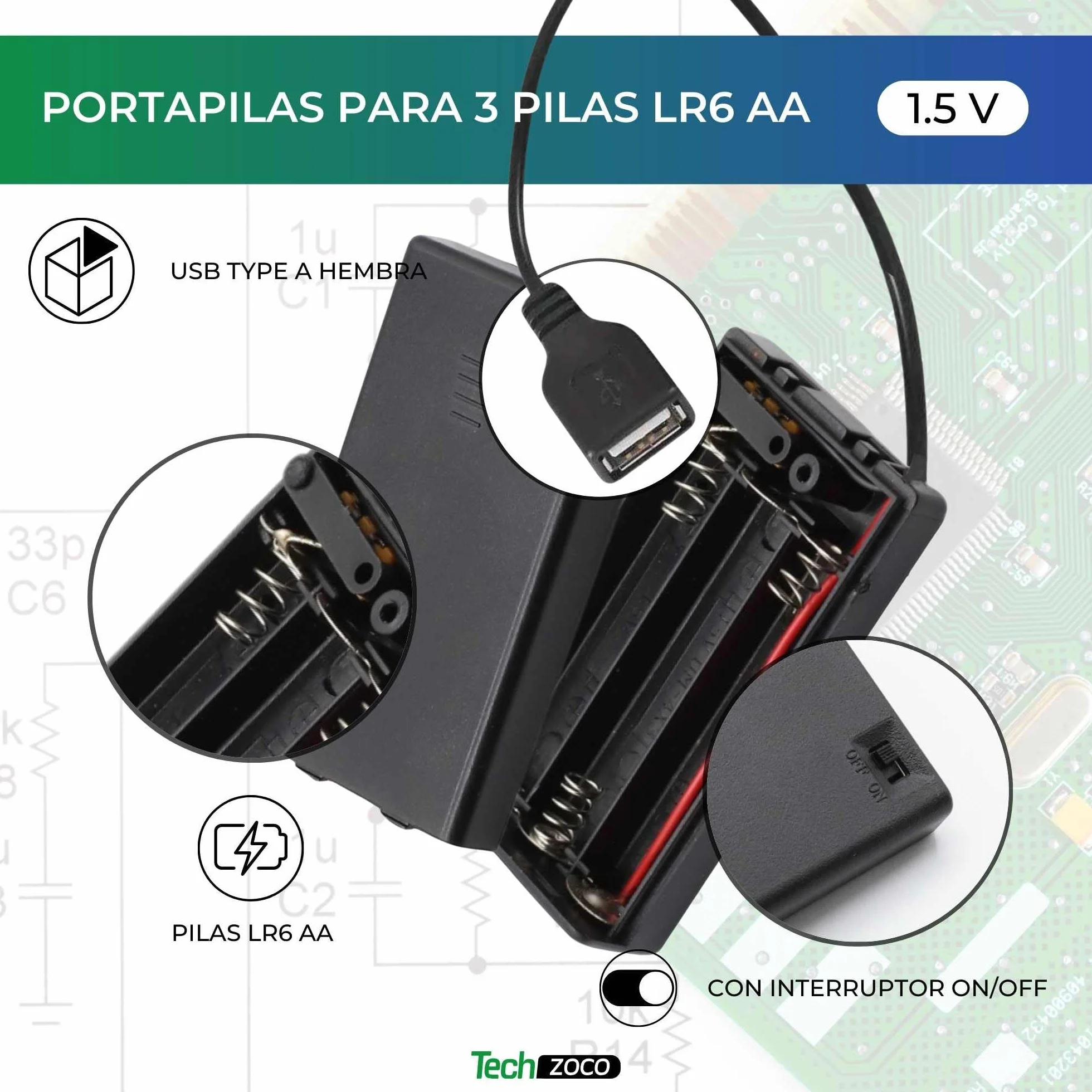 TECHZOCO Portapilas con Interruptor ON/Off, Soporte de Batería AA, Caja de Batería, Porta Pilas, Incluye Cable USB Hembra, Voltaje Total 4.5V (1.5V por Pila), Apto para 3 Pilas LR6 AA (FR6, HR6, LR6)