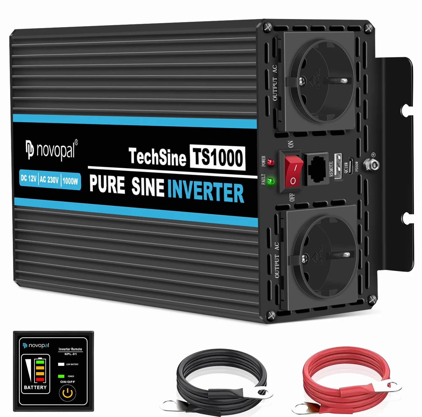 NOVOPAL 1000W Inversor de Corriente Onda Pura DC 12v a 220v 230v 5M Mando a Distancia Convertidor de Coche con 2 USB Puerto,enchufes EU para Coche/Caravana/Camión