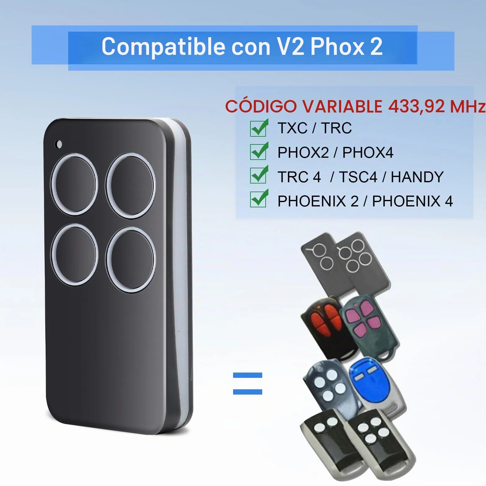 Mando a Distancia Compatible con V2 Phox 2, 2 Unidades para Puerta de Garaje V2 Phoenix 2/4, TXC, TRC, TSC4, Hand (4 Canales)