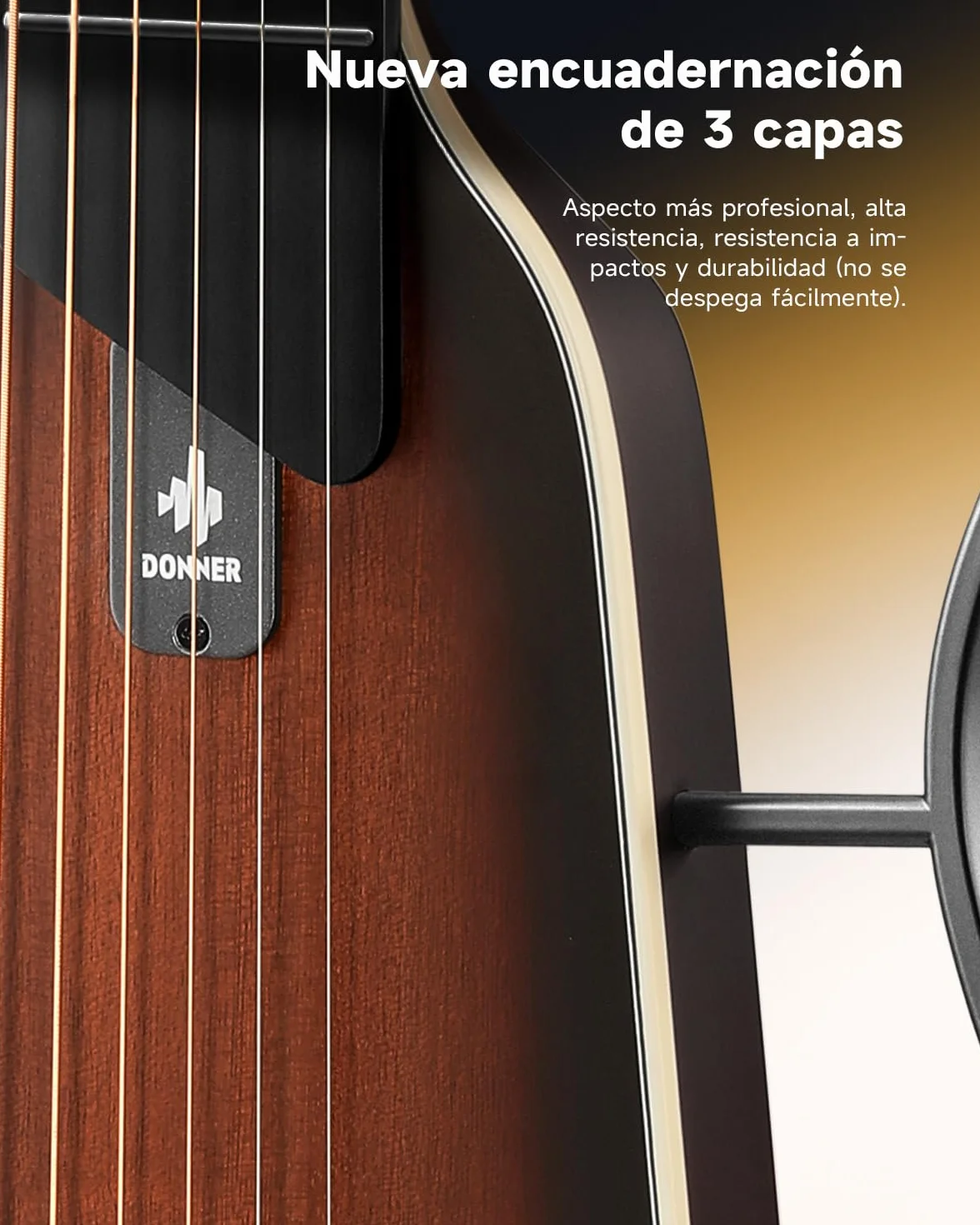 Donner HUSH I EVO2 Guitarra Acústica-Eléctrica de Viaje, Ultraligera, sin Clavijero, con Afinador Integrado, Soportes Desmontables y Salida para Auriculares – Sunburst
