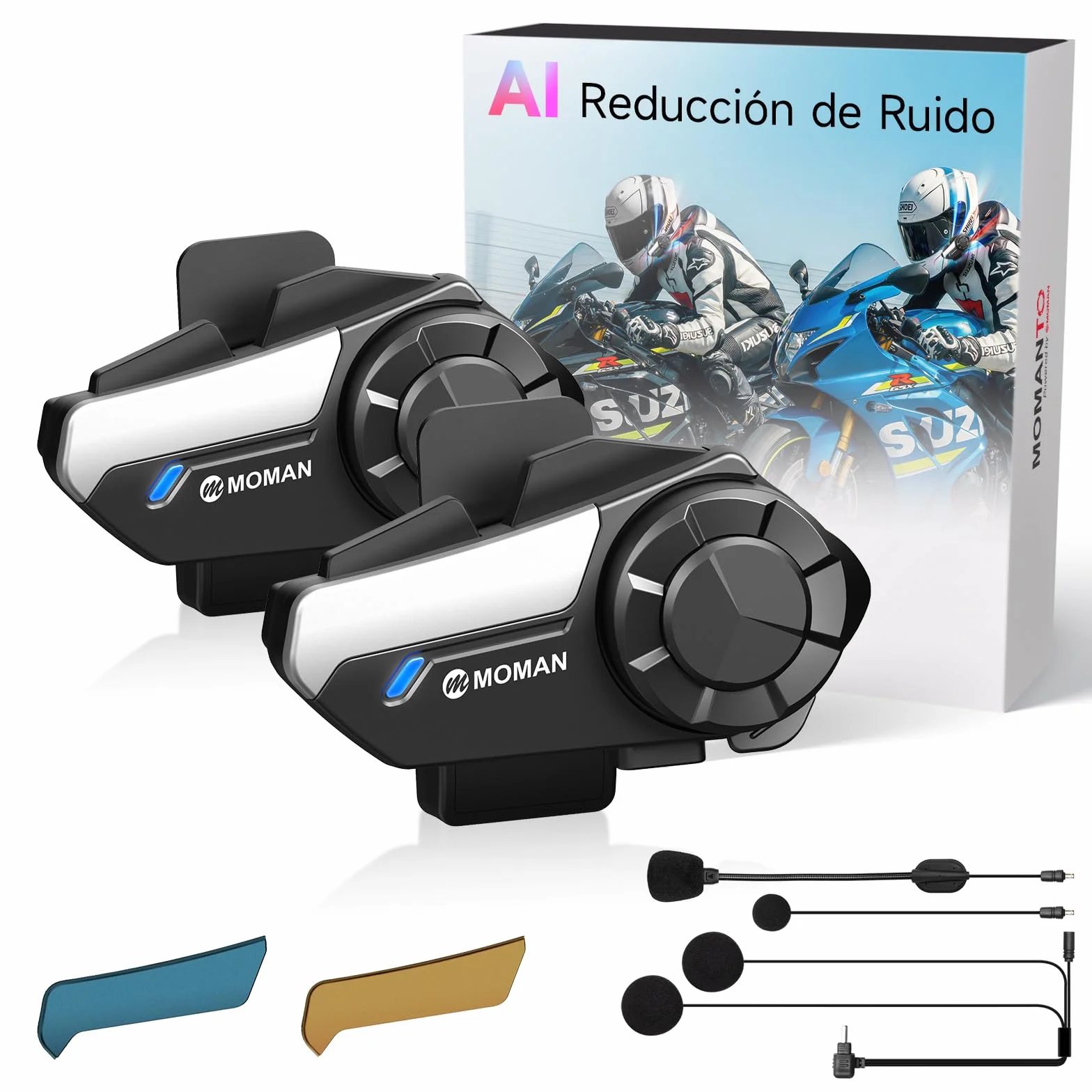 Moman H2S Intercomunicador Casco Moto 2 Vías 1000M AI Reducción de Ruido Auriculares HiFi Compartir Música (2 Pieza)