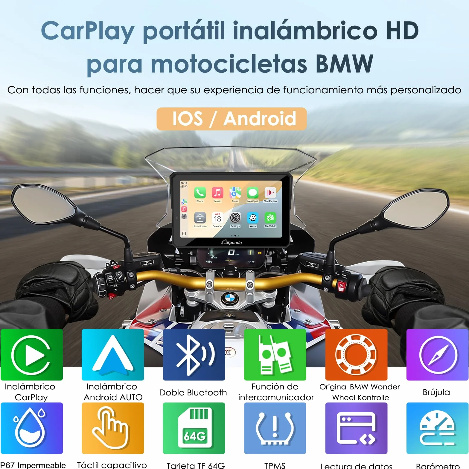 Carpuride W702BS Pro Motocicleta Carplay Pantalla 7" Impermeable táctil Inalámbrico CarPlay Android Auto Dual Bluetooth Intercomunicador