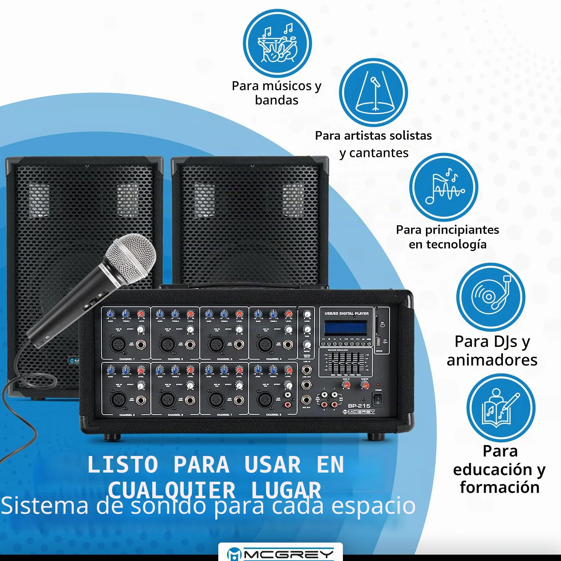 McGrey BP-215 Bandpack PA: Mezclador 8 Canales, Reverb Digital, Bluetooth, USB/SD, Altavoces 2 vías con woofer 15", Incluye micrófono, Soportes, Cables, 150W.