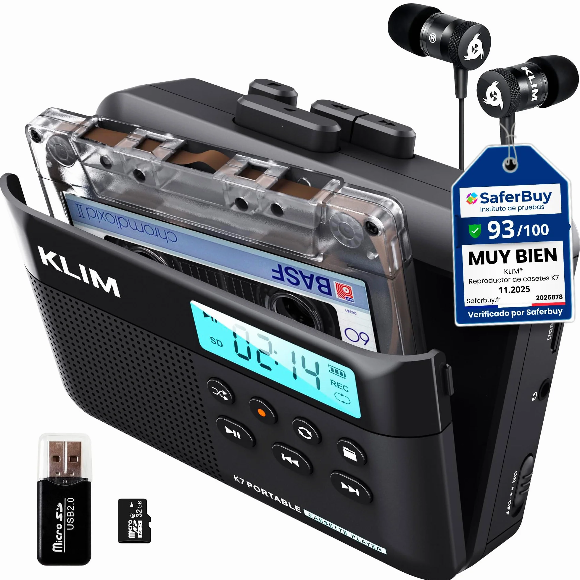 KLIM K7 Reproductor Cassette a MP3 Portátil con Micrófono y Altavoz Integrados Batería Recargable Negro