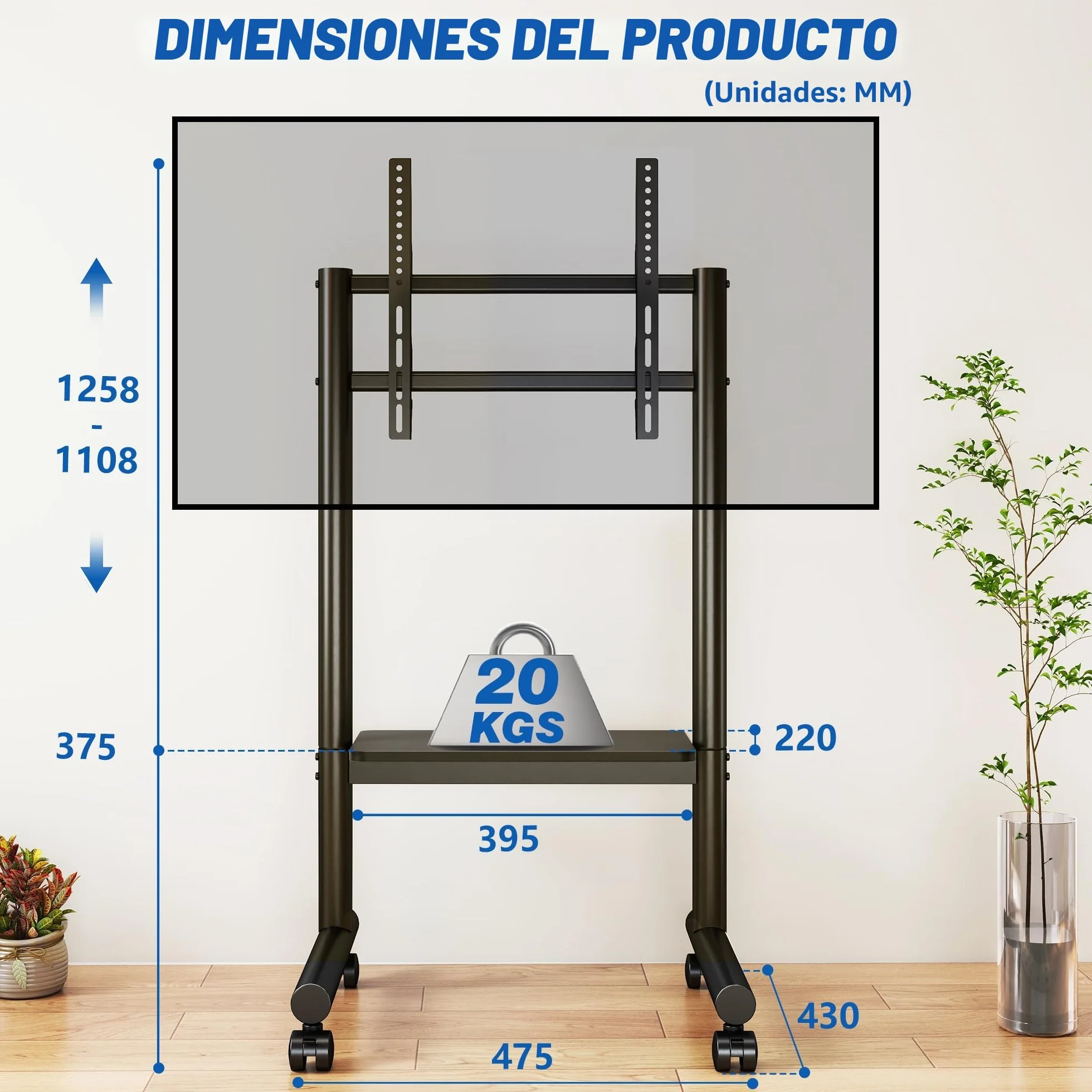 Soporte TV Móvil 5Rcom - Base Ajustable en Altura con Ruedas para Pantallas Planas LCD/LED/OLED de 32-70 Pulgadas - Carrito TV hasta 50 kg con Estante