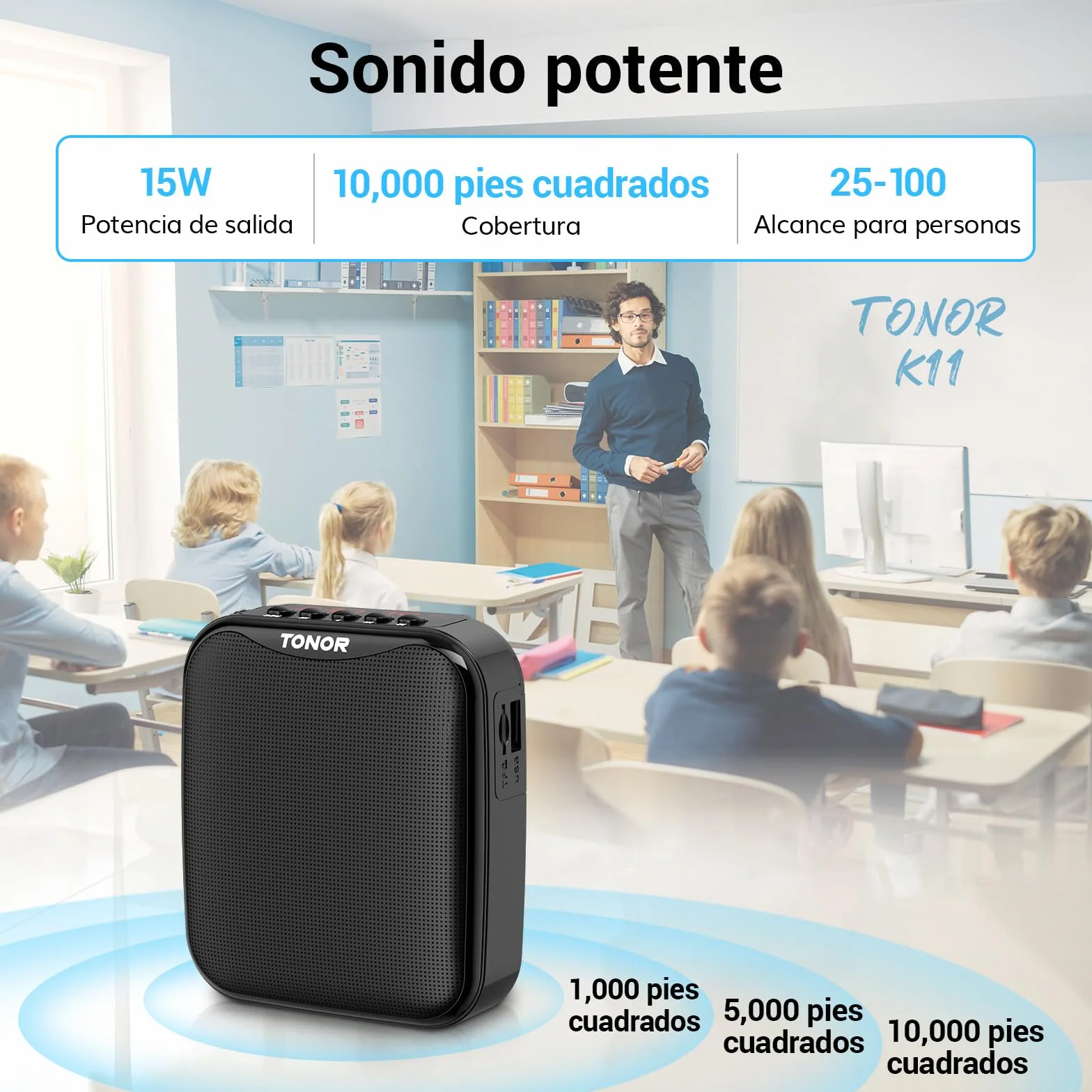 TONOR 15W Wireless Altavoz con Microfono Inalambrico，Amplificador de Voz Bluetooth Portátil, PA Sistema de Microfono Recargable para Profesores, Guías Turísticos, Entrenadores Deportivos, 25 m,K11