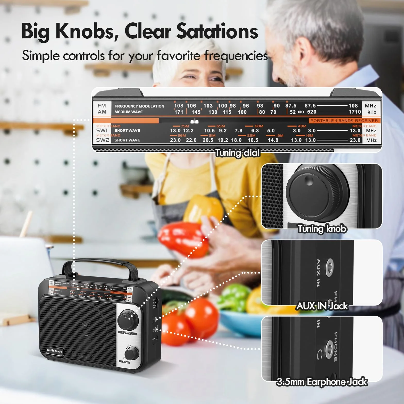 Radio Portátil FM/Am/SW 1-2, con Batería Recargable de 1000 mAh, Cable CA o Pilas, Radio Multibanda de Onda Corta Aux/Entrada para Auriculares,Negro
