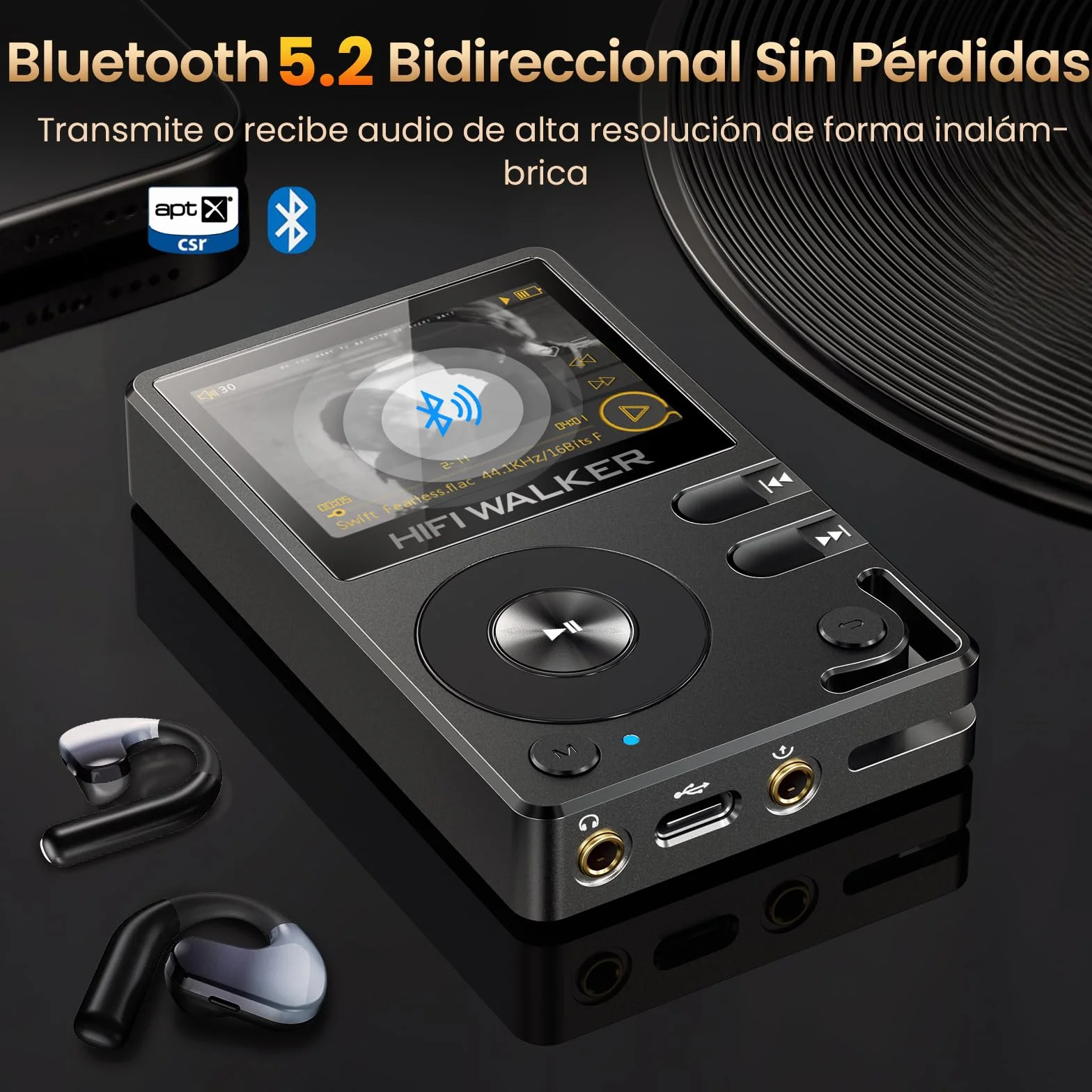 HIFI WALKER H2 Reproductor MP3 Hi-Res con Bluetooth 5.2, Reproductor de Música Lossless con DAC ES9018K2M, DSD128 Nativo 32bit/384kHz, Cuerpo de Aleación de Zinc, Tarjeta SD 64GB Incluida