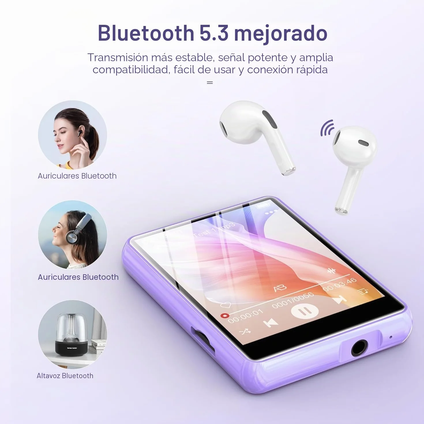 SWOFY Reproductor MP3 Bluetooth 5.3 64 GB Hi-Fi con Pantalla Táctil 2.4 Pulgadas
