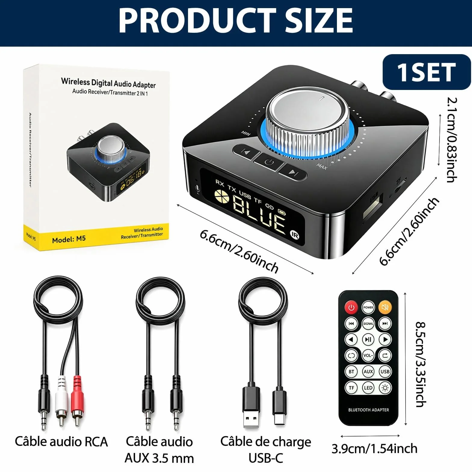 Receptor Bluetooth 6.0 HiFi, Emisor Receptor Audio con Pantalla LED, 2RCA y AUX 3.5mm, Lectura USB/TF, Manos Libres, Mando a Distancia para Equipo de Música, Coche, TV, Altavoces y Amplificador, PC
