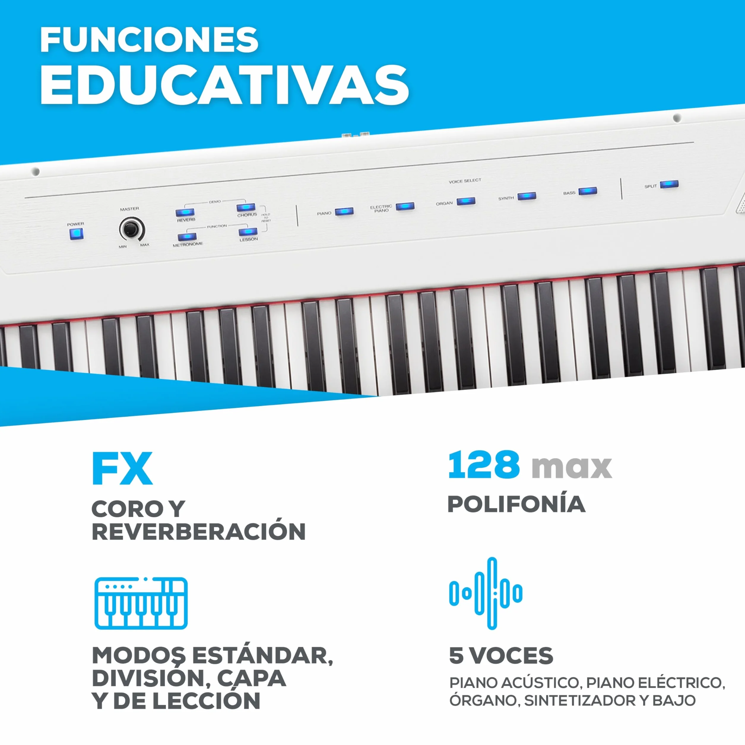 Alesis Recital Piano Eléctrico 88 Teclas Semi Contrapesadas con Altavoces, Lecciones de Piano, Metrónomo y 5 Kits de Sonidos - Blanco