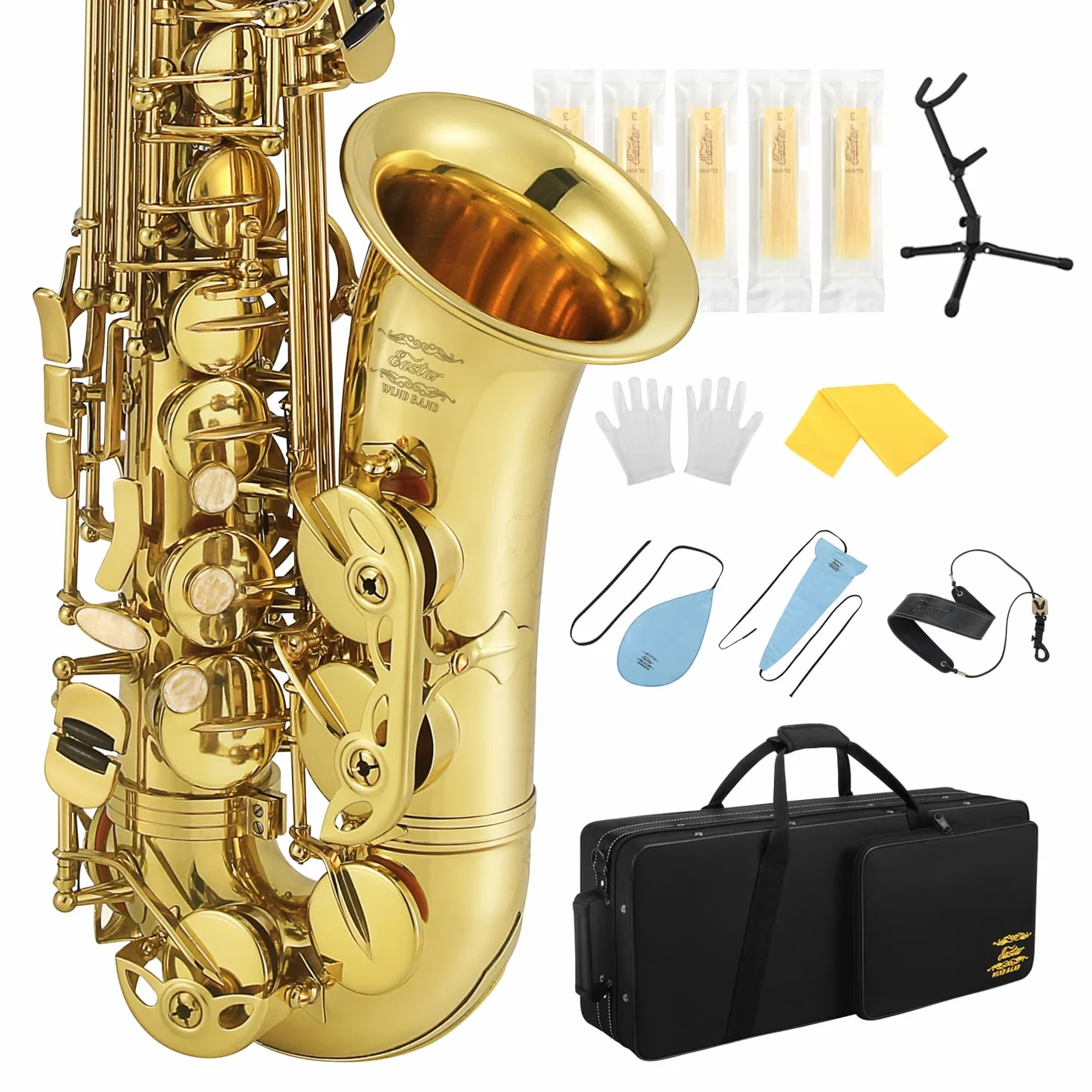 Eastar AS-Ⅲ Commander E Flat Wind Band Saxophone，Beautiful Gold +Eastar ERD-ASS1 Eb Saxophone Reeds, Strength 3, 5-pack