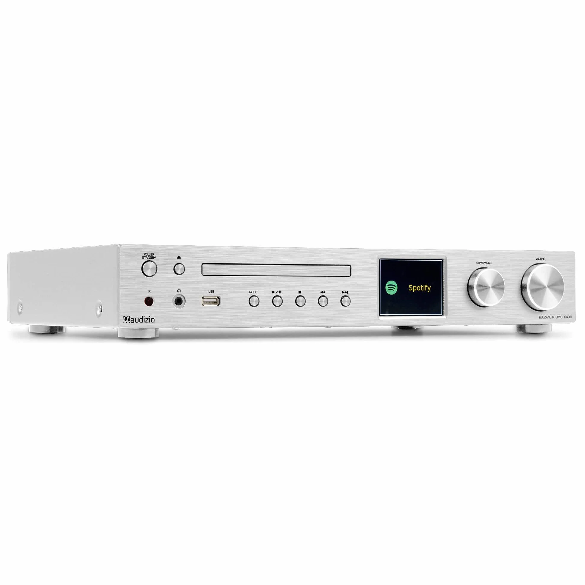 Audizio Bolzano - Radio Internet Dab+ y FM WLAN Bluetooth, Reproductor CD, Spotify Connect, Despertador, 40.000 emisoras, Mando a Distancia y Control por App, conexión Toslink y subwoofer, Plateada