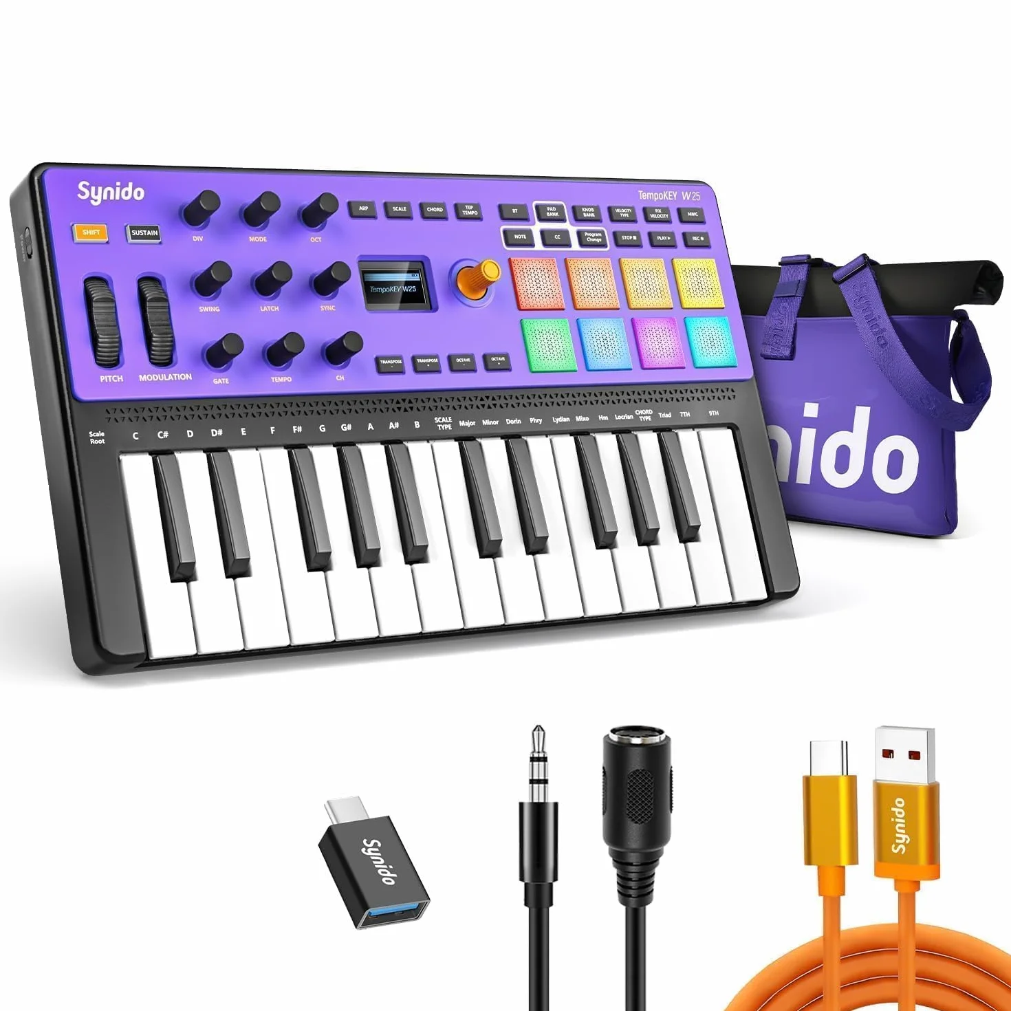 Synido TempoKEY W25 - Teclado controlador USB C MIDI de 25 teclas, conexión inalámbrica recargable con 8 almohadillas RGB de velocidad, pantalla OLED, entrada/salida/pasante, teclado MIDI profesional