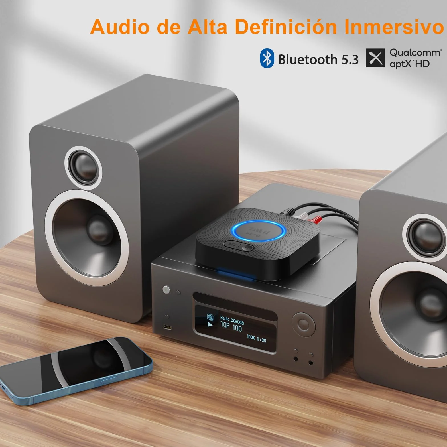 1Mii Bluetooth 5.3 Receptor Audio Adaptador Inalámbrico RCA/AUX 3.5mm Jack 3D Surround 50m