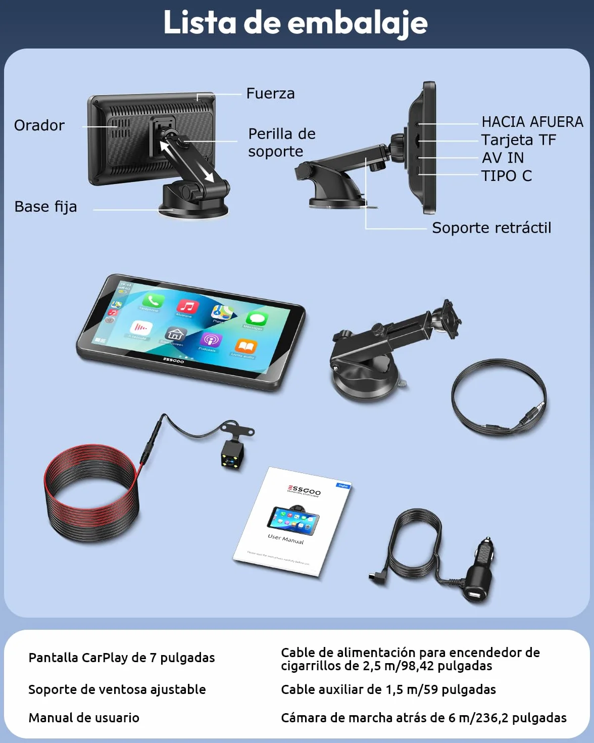 ESSGOO Pantalla Carplay Coche con Cámara Retrovisora,7 Pulgadas Apple Car Play Android Auto Inalámbrico,Pantalla Táctil Portátil Radio Coche con Bluetooth,Airplay,Mirror Link,FM,AUX,Siri,Navegación