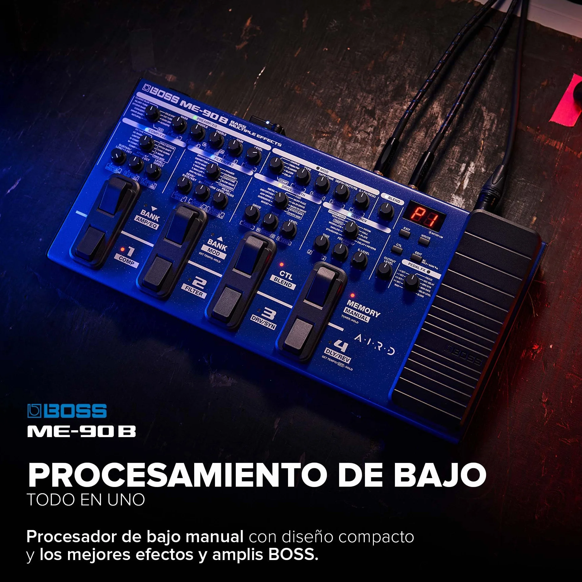 Multiefectos de bajo BOSS ME-90B | Procesador de bajo todo en uno | 10 modelos de ampli AIRD integrados | 61 efectos procedentes de la biblioteca de efectos de bajo de BOSS