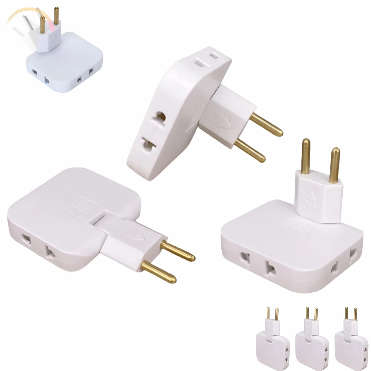 Pack 3 Ladrón Enchufe Plano múltiple de Pared de 3 Tomas con Cabezal Giratorio 180º. Regleta Enchufe Adaptador Europeo y Americano.