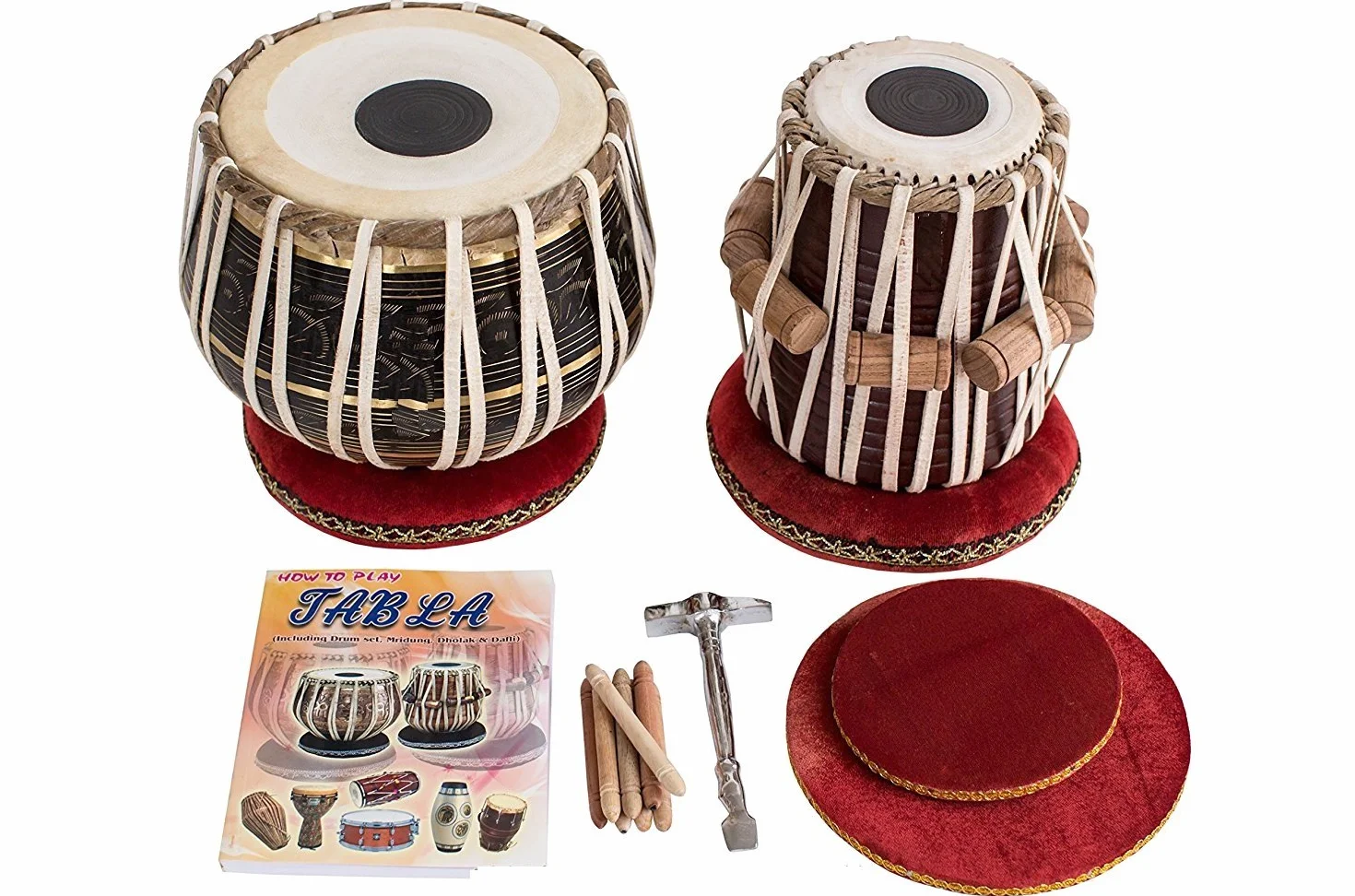 Juego de tambores de mesa indios MAHARAJA de 3 kg de latón negro Bayan, mejor Dayan con libro, martillo, cojines y funda