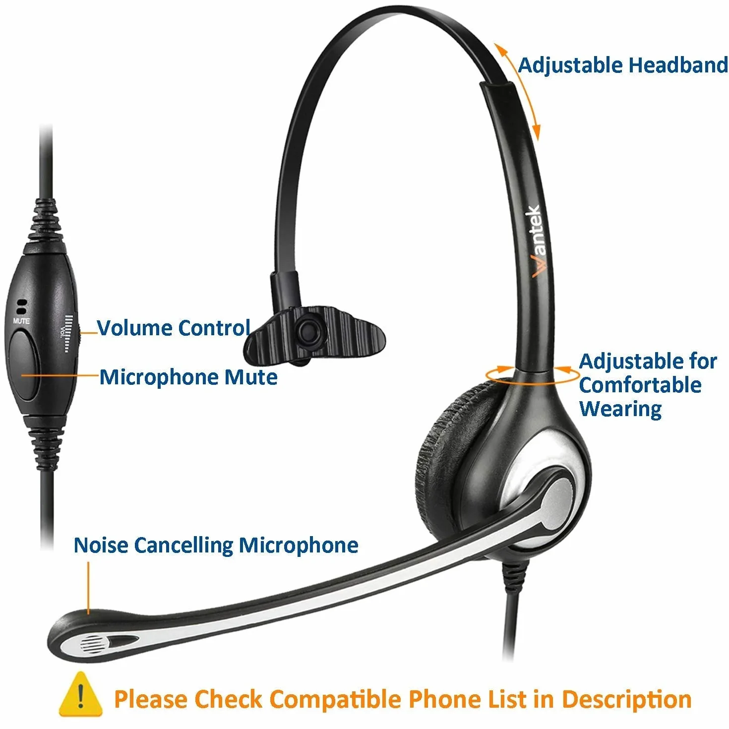 WANTEK Auriculares Teléfono Fijo RJ9 Mono con Cancelación de Ruido, Quick Disconnect para Yealink Avaya Cisco Grandstream Panasonic KXT