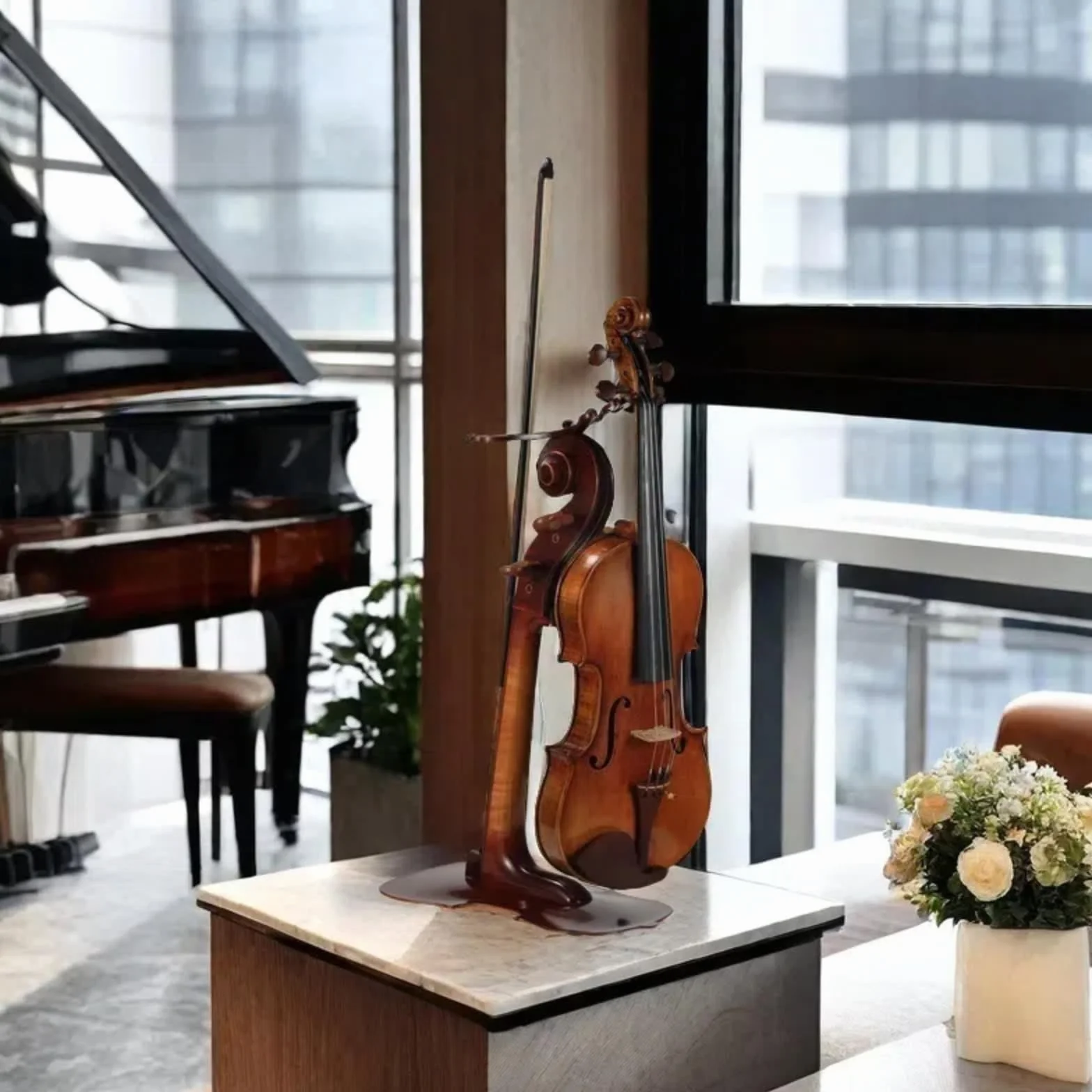 Soporte para violín de madera maciza y soporte para arco con diseño intrincado de corte pasado, forma de violín, hecho a mano, artístico, resistente y colgador de violín y arco, soporte de exhibición,