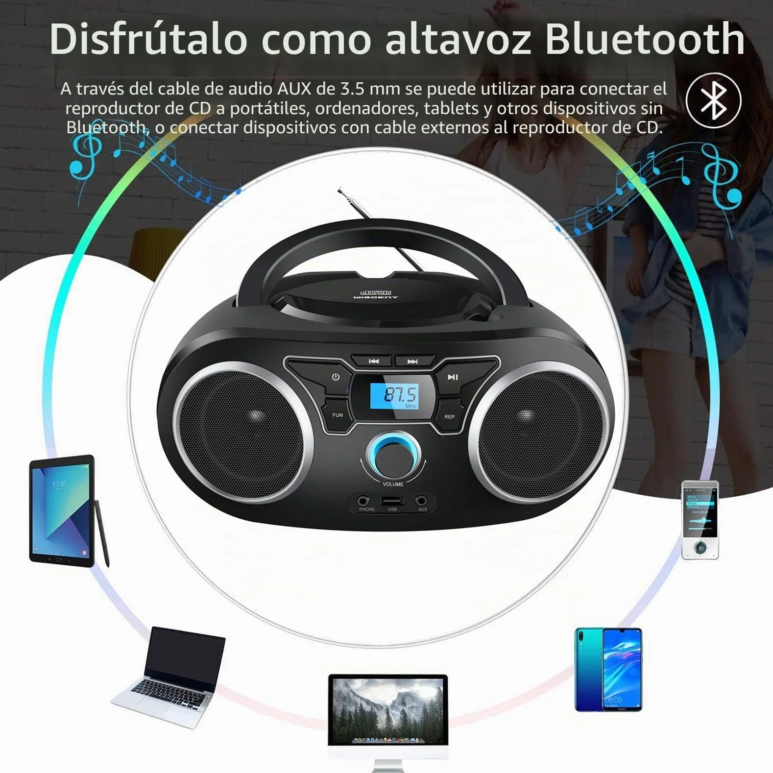 Reproductor de CD, portátil con Bluetooth, Radio FM portátil estéreo con Sonido cristalino, reproducción de CD MP3, Entrada USB/AUX, CD para niños