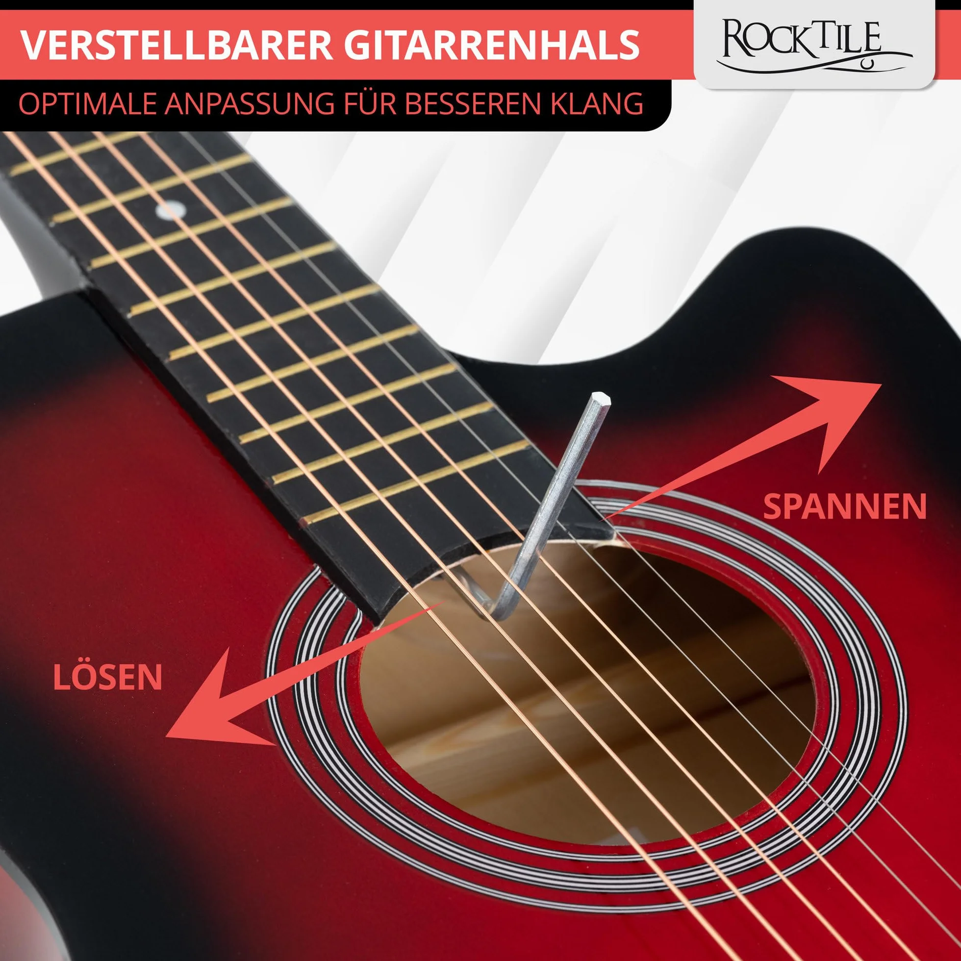 Rocktile WSD-5C-RDB Slim Line Set de Guitarras Western - Guitarra Acústica Dreadnought - Cuerpo de Tilo - Mástil: Catalpa - Set incluye funda, cuerdas de repuesto, correa y púas - Redburst