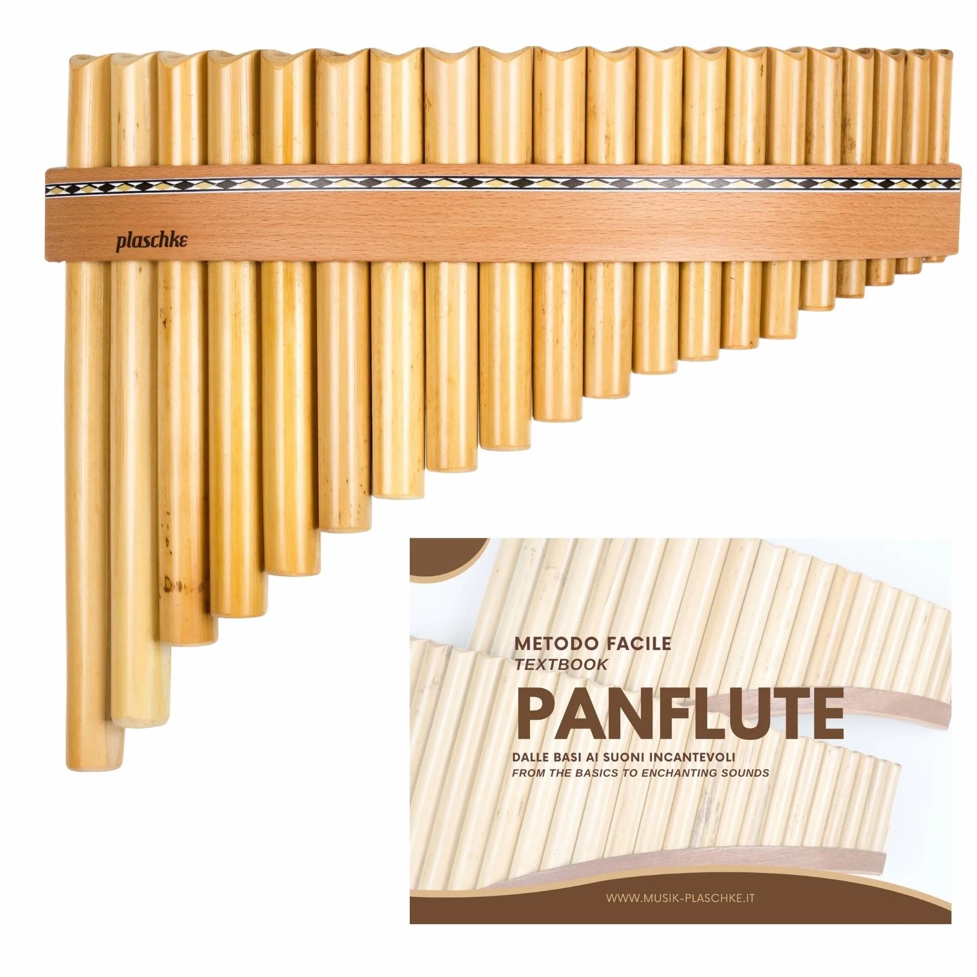 Plaschke Zampoña, Flauta de pan con cinturón de madera, hecha a mano en Tirol del Sur/Italia, 20 tubo-Do