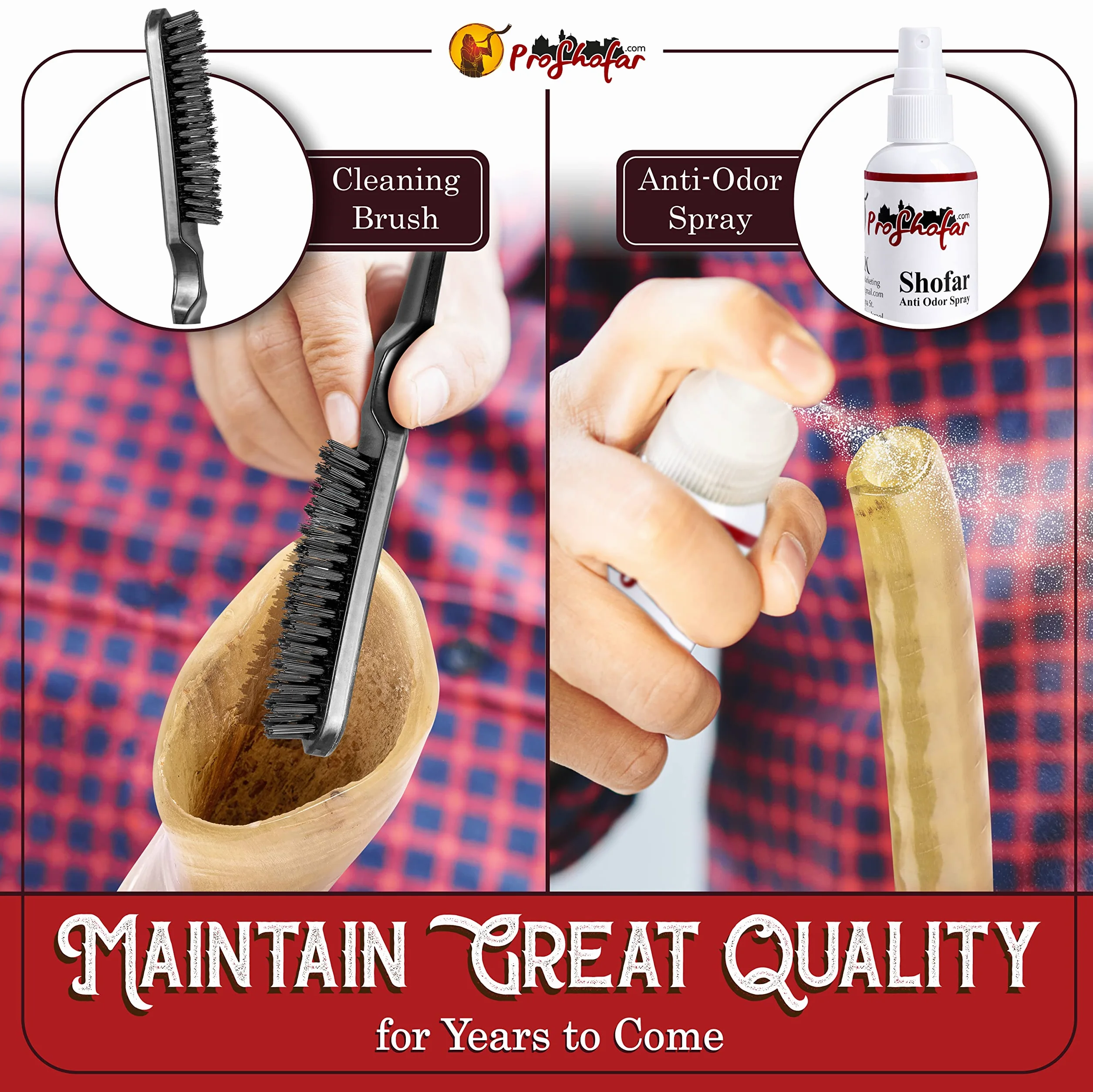 Shofar Set (bolsa de transporte de terciopelo, spray neutralizador de olores, cepillo de limpieza, guía y pulsera roja de Tierra Santa) Ram Shofar pulido, Kosher fabricado en Israel