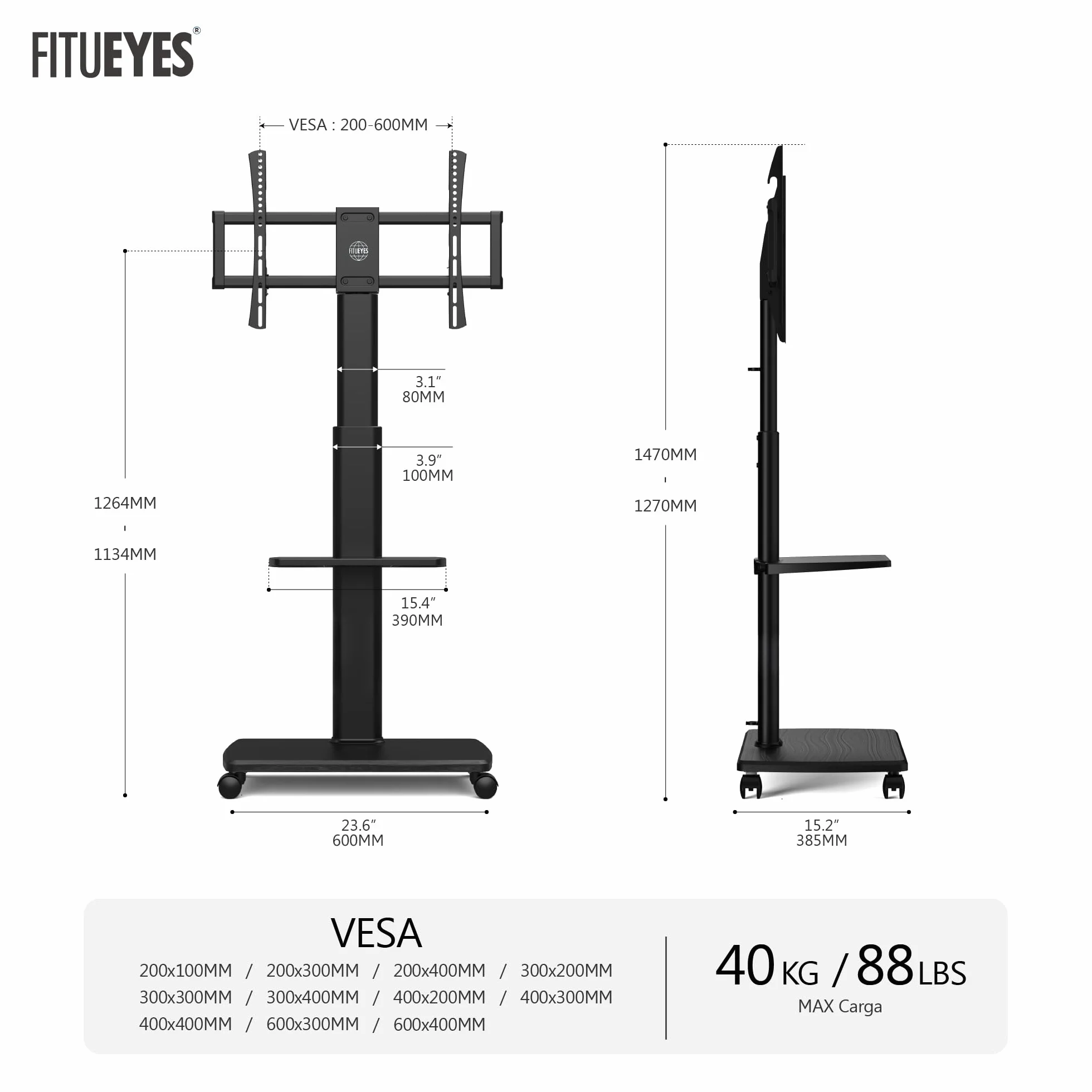 FITUEYES Soporte TV de Pie Ruedas para Pantallas de 32 a 70 Pulgadas con Base de Madera,MAX VESA600*400mm,Soporte de TV con Ruedas con Giro de Placa,Ajuste de Altura,Gestión de Cable,con Estante