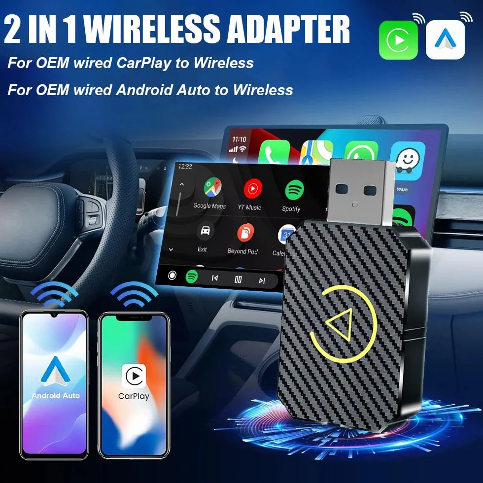 Adaptador Carplay Inalambrico, 2 en 1 Carplay Coche Convierte Cable a Inalámbrico, Plug & Play Car Play Inalámbrico, Mini USB Wireless CarPlay Adapter Compatible iOS 10+ y Coches a Desde 2016